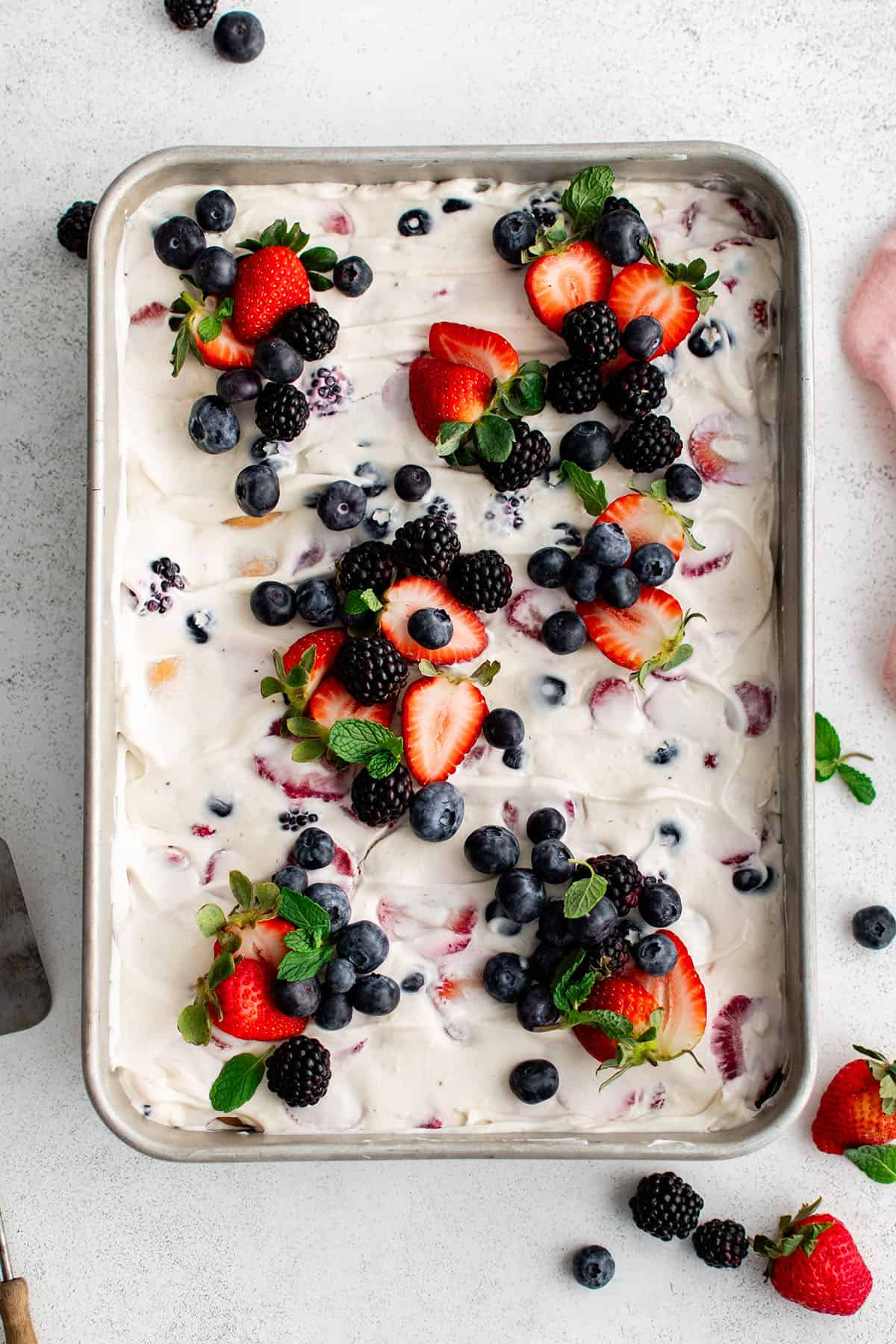 photo of berry icebox cake in a pan