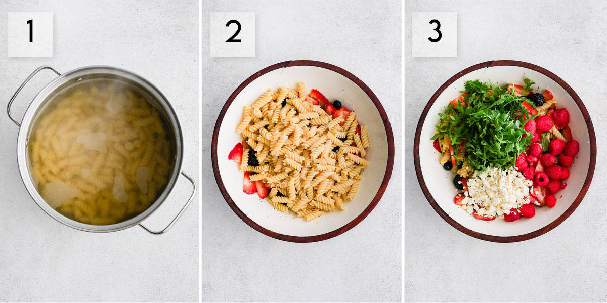 three panel collage image showing how to prepare berry pasta salad