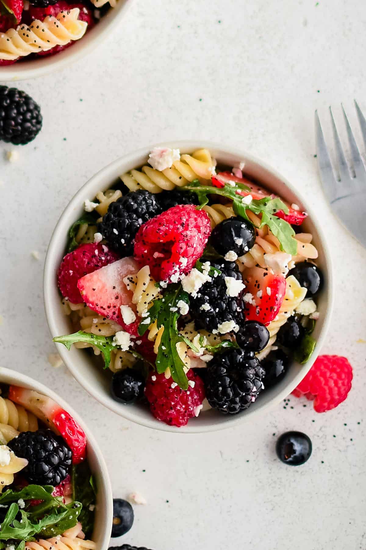 berry pasta salad in a small bowl