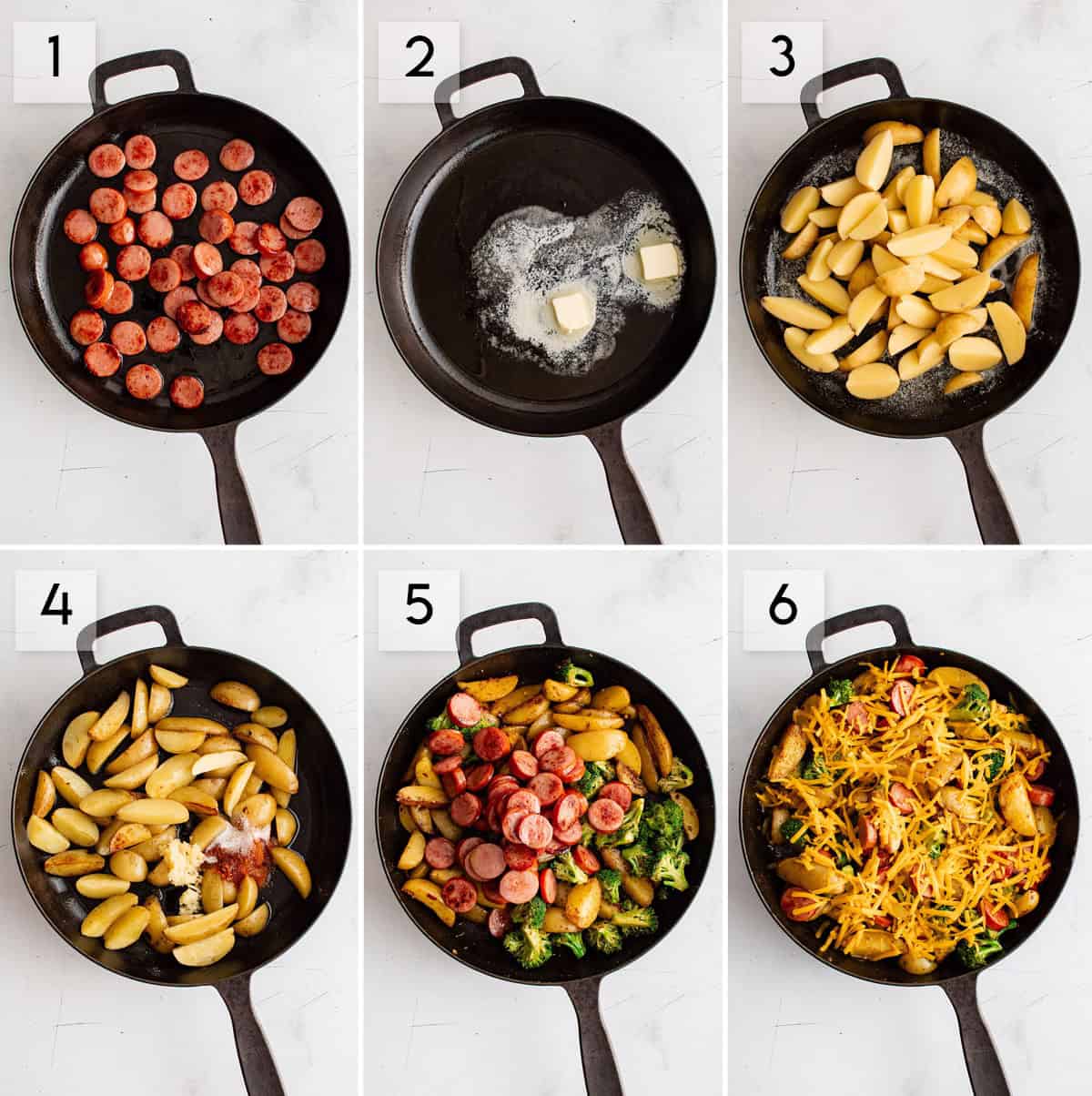 six panel collage image showing the steps of assembling sausage potato broccoli skillet