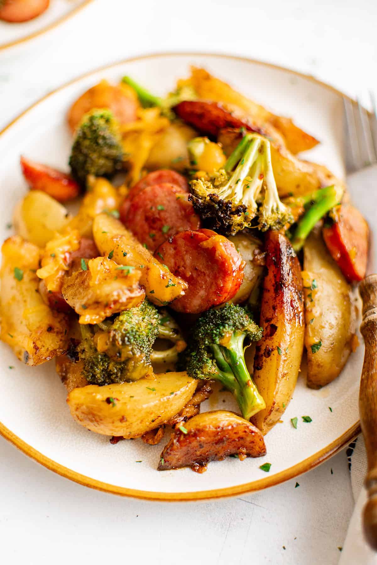 sausage potato broccoli skillet on a plate