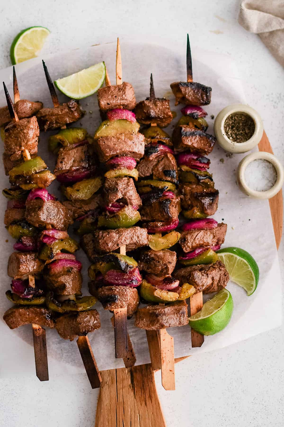steak kabobs on a serving tray