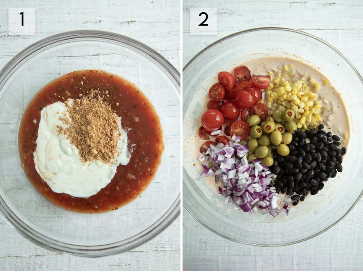 two panel collage image showing different steps of making taco ranch salad