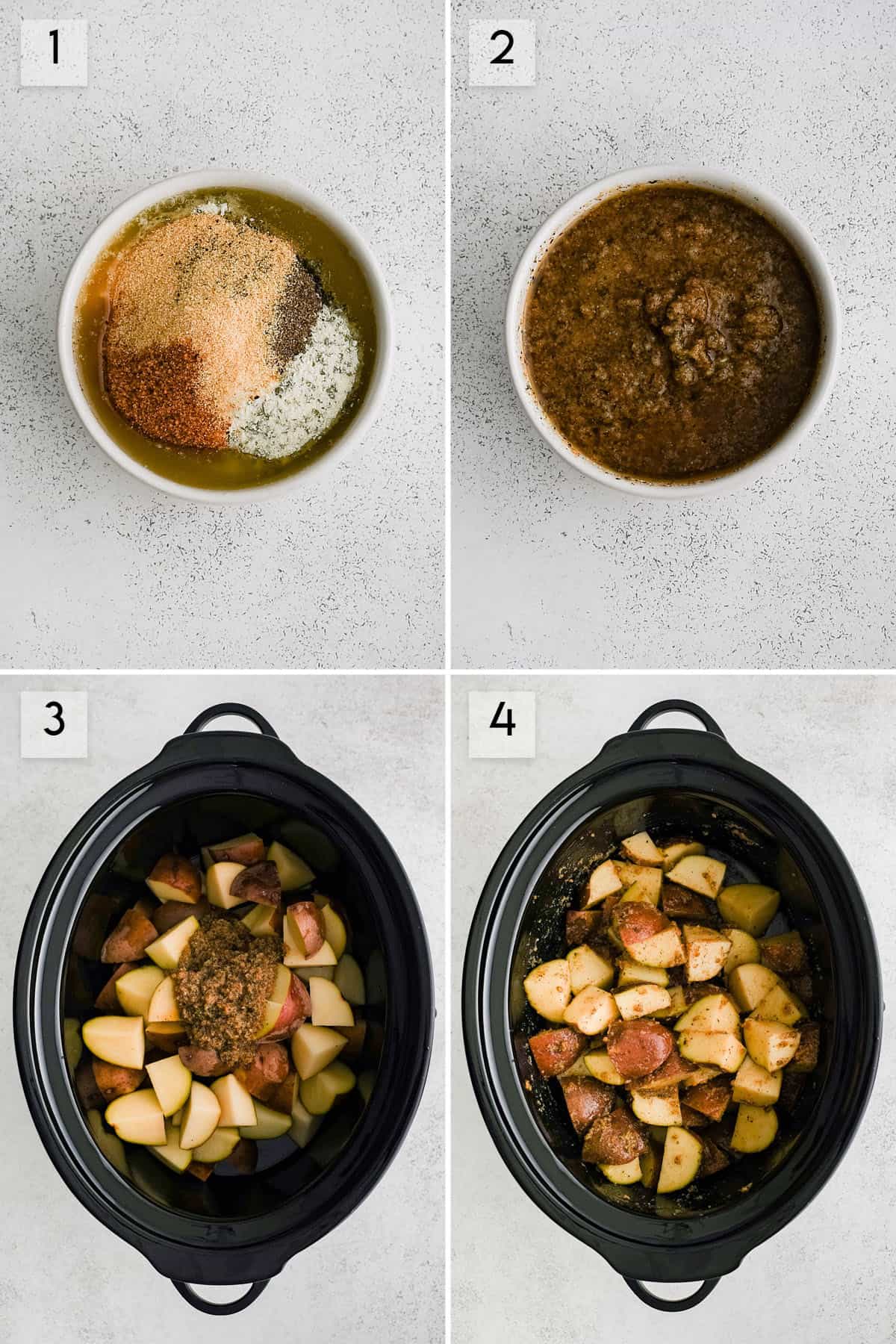 four panel collage image showing the different steps of making crockpot potatoes