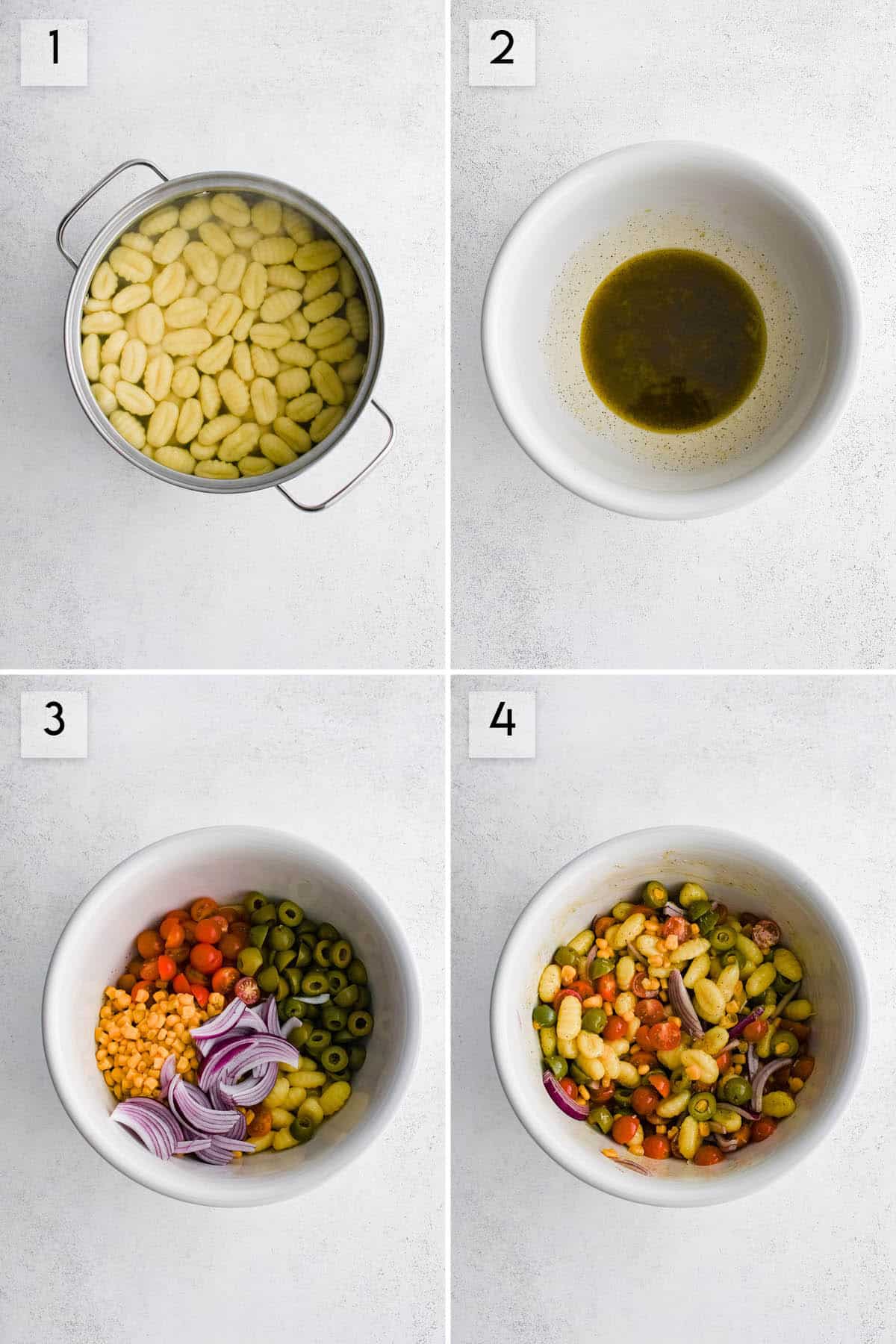 four panel collage image showing the different stages of making gnocchi salad