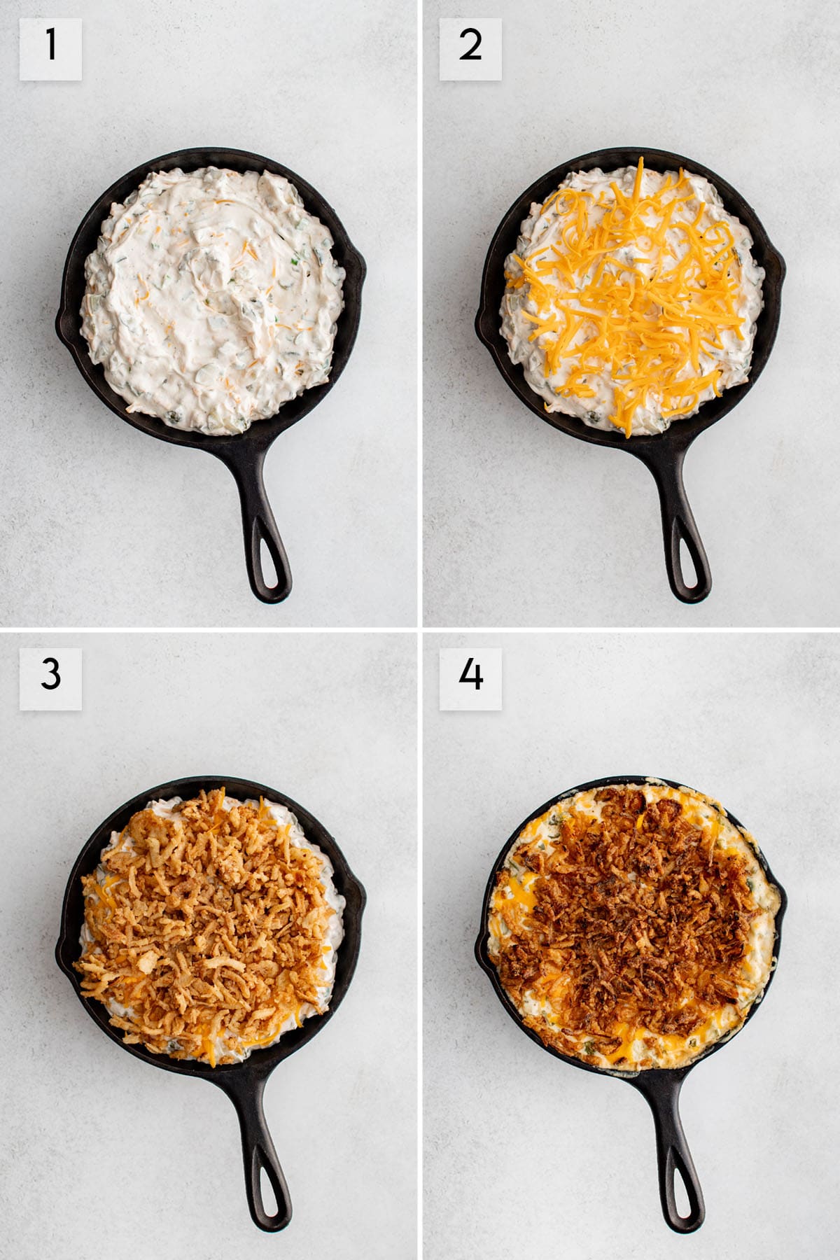 four panel collage showing how to make fried pickle dip