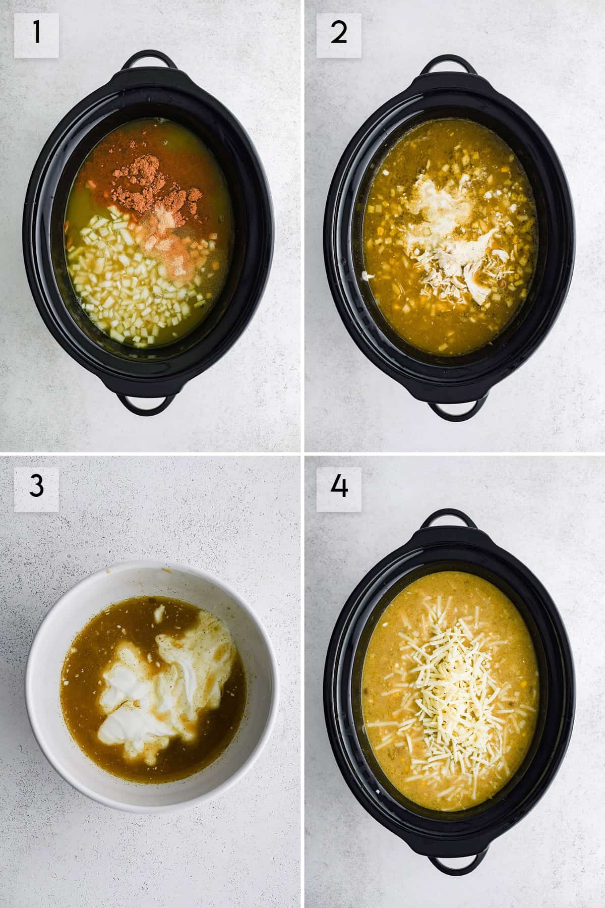 four panel collage image showing the different steps of making green enchilada soup