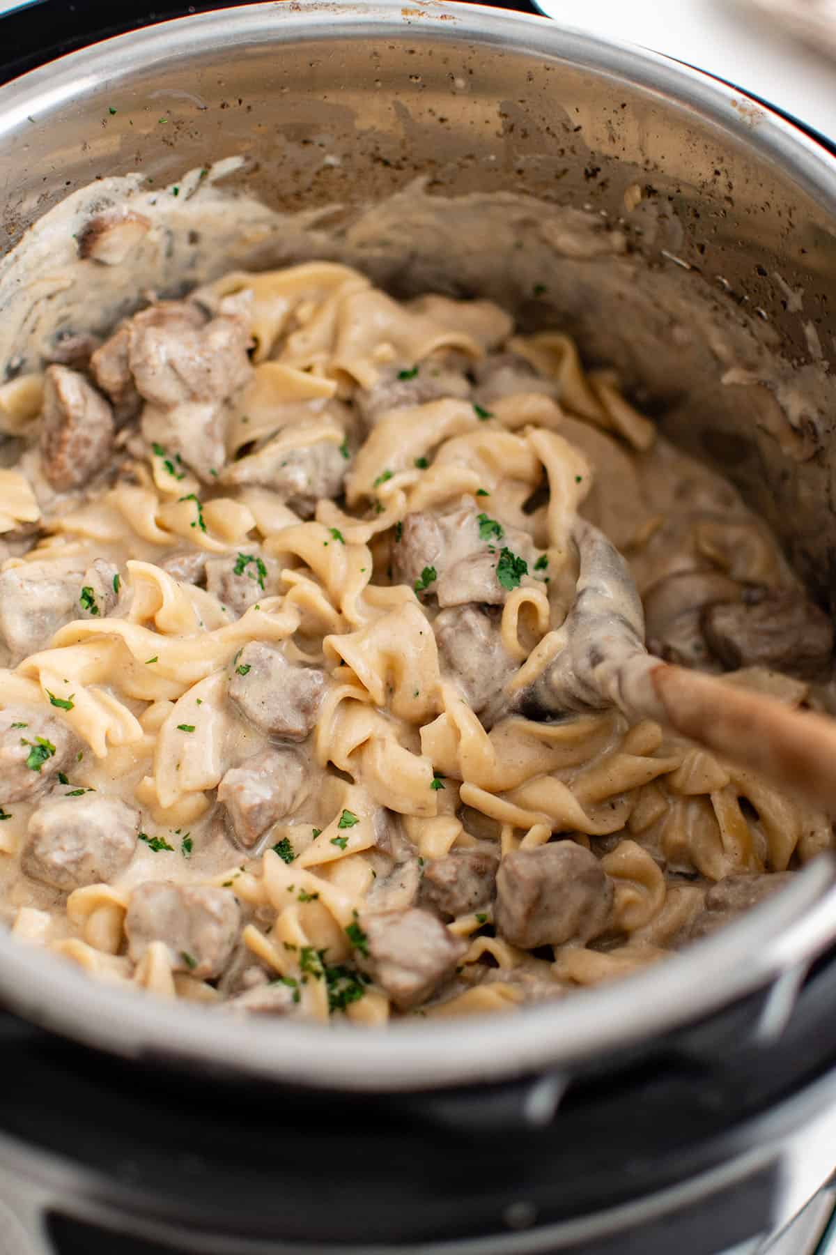 photo of stroganoff with beef in the instant pot