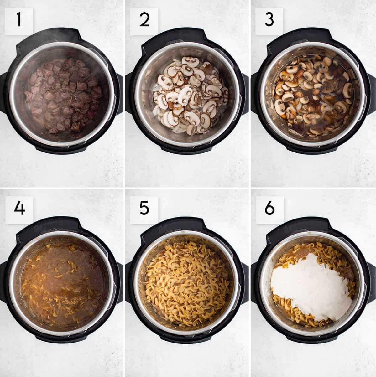 six panel collage image showing the different steps of making instant pot beef stroganoff