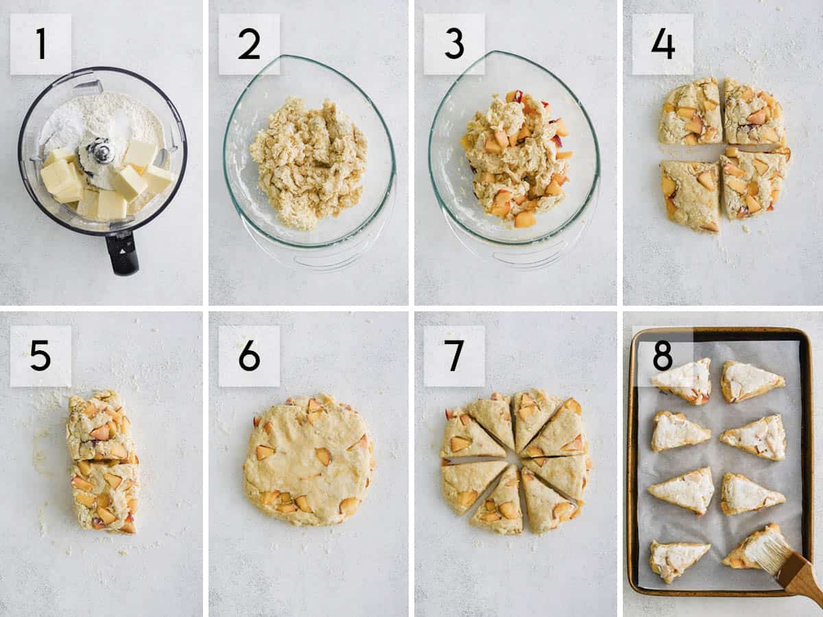 8 panel collage showing different steps of making peach scones