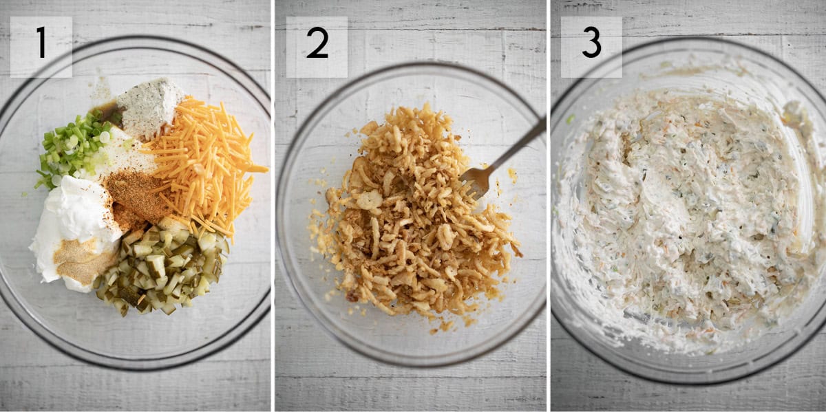 three panel collage image showing the different steps of making fried pickle dip