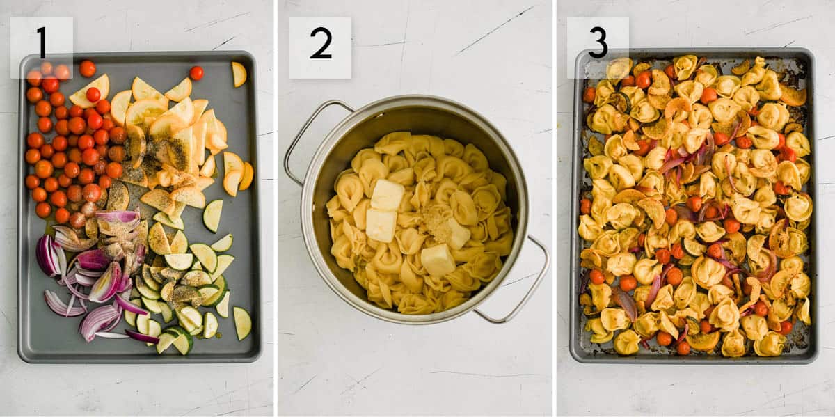 three panel collage image showing the steps of making roasted veggie tortellini