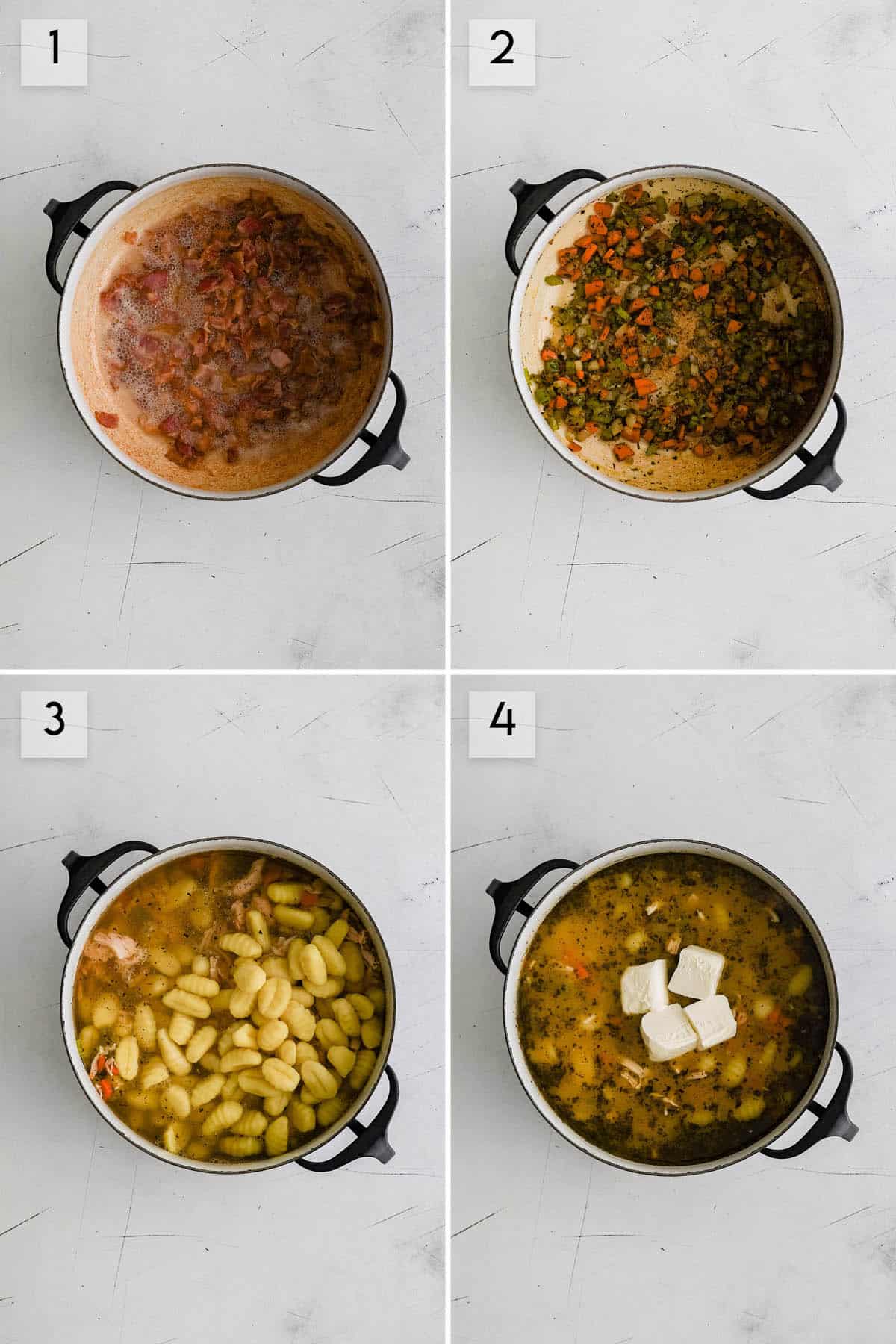 photo collage showing how to make chicken and gnocchi soup