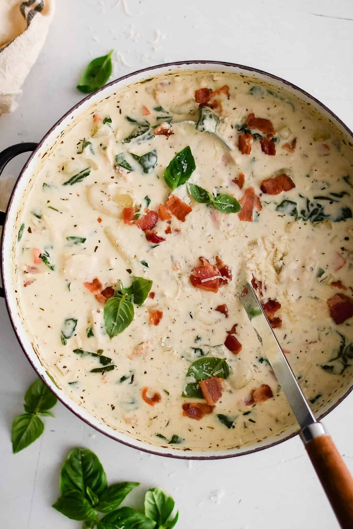 chicken gnocchi soup in a large soup pot