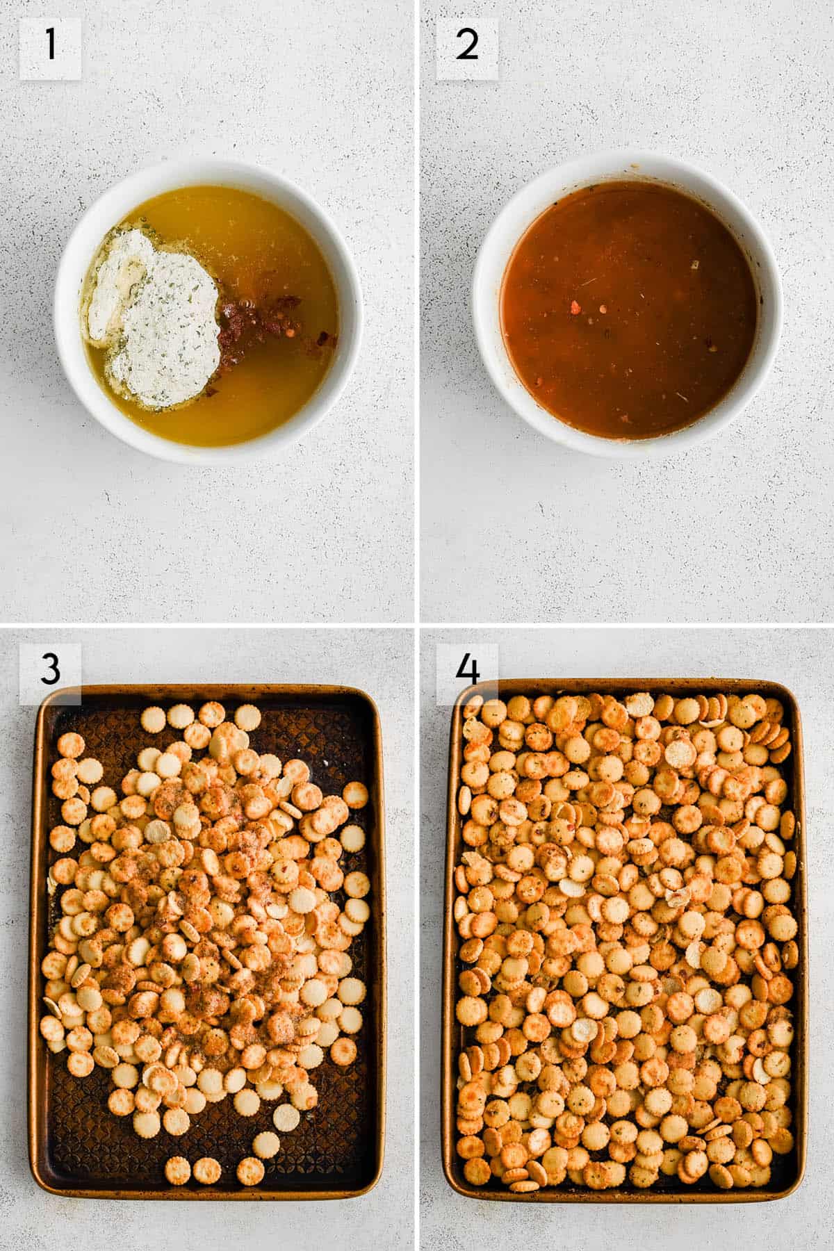 four panel collage image showing how to make baked oyster crackers