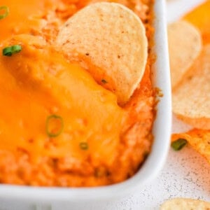 photo of buffalo chicken dip in a baking pan