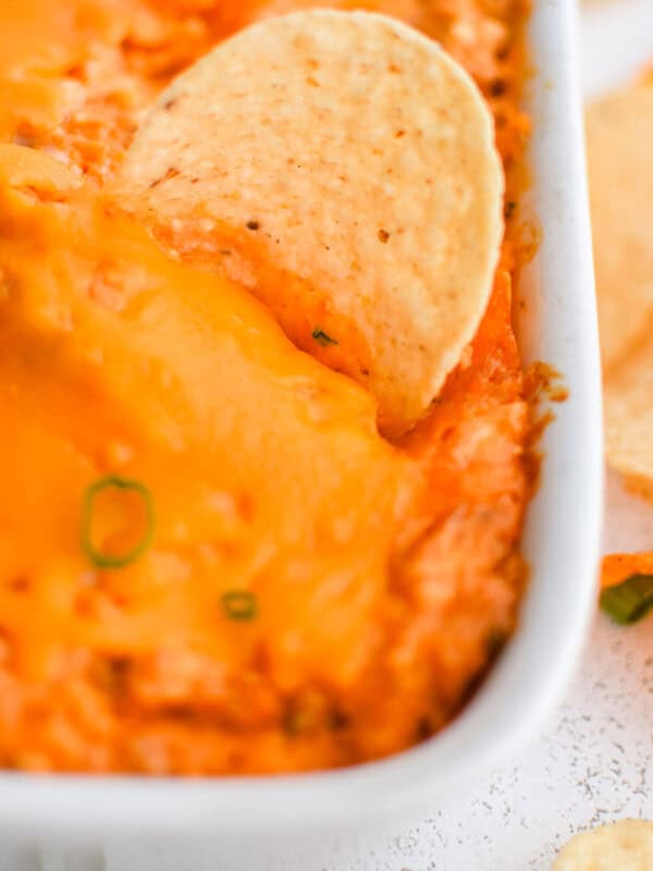 photo of buffalo chicken dip in a baking pan