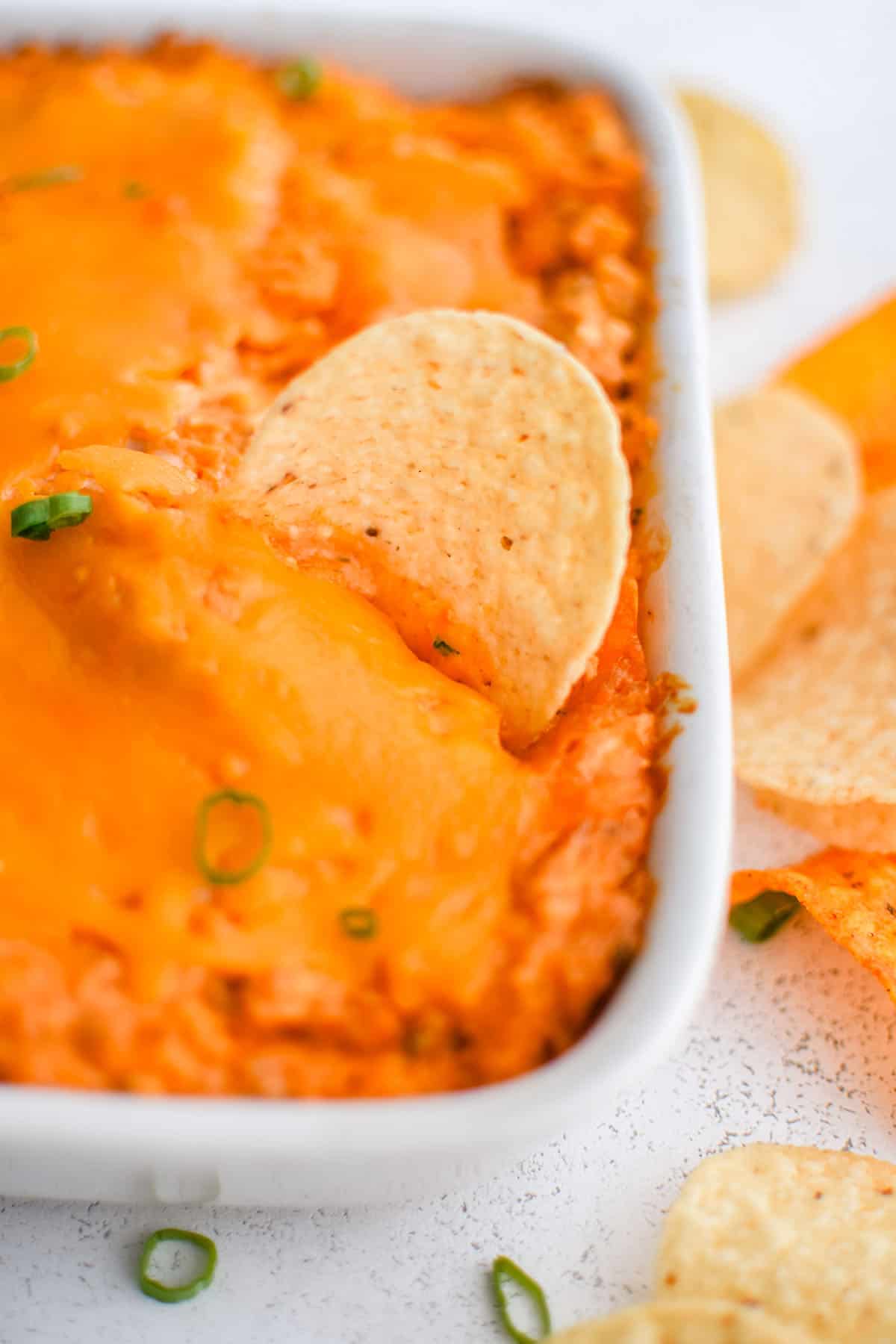 buffalo chicken dip in a baking dish