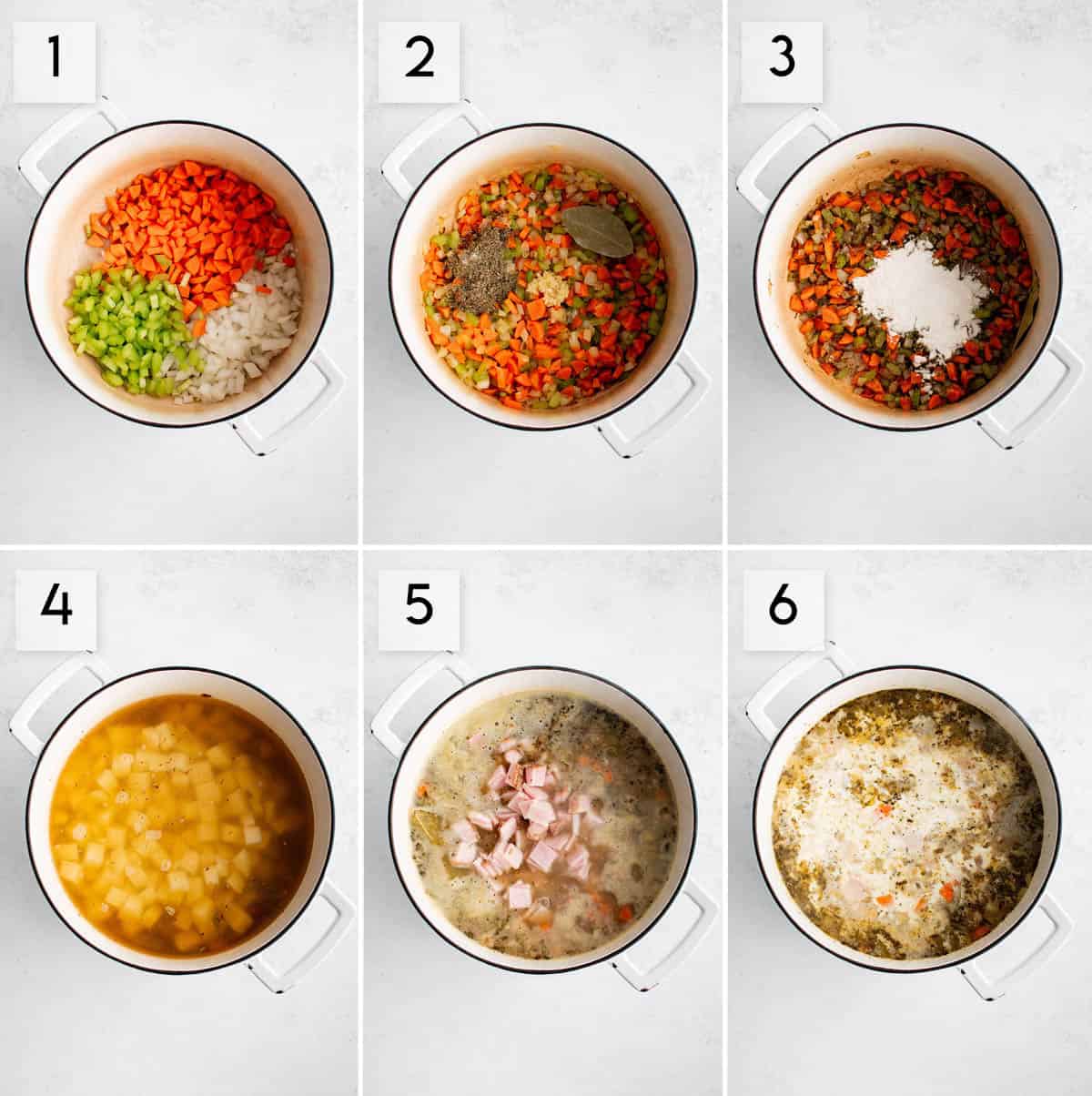 six panel collage image showing how to make ham and potato soup