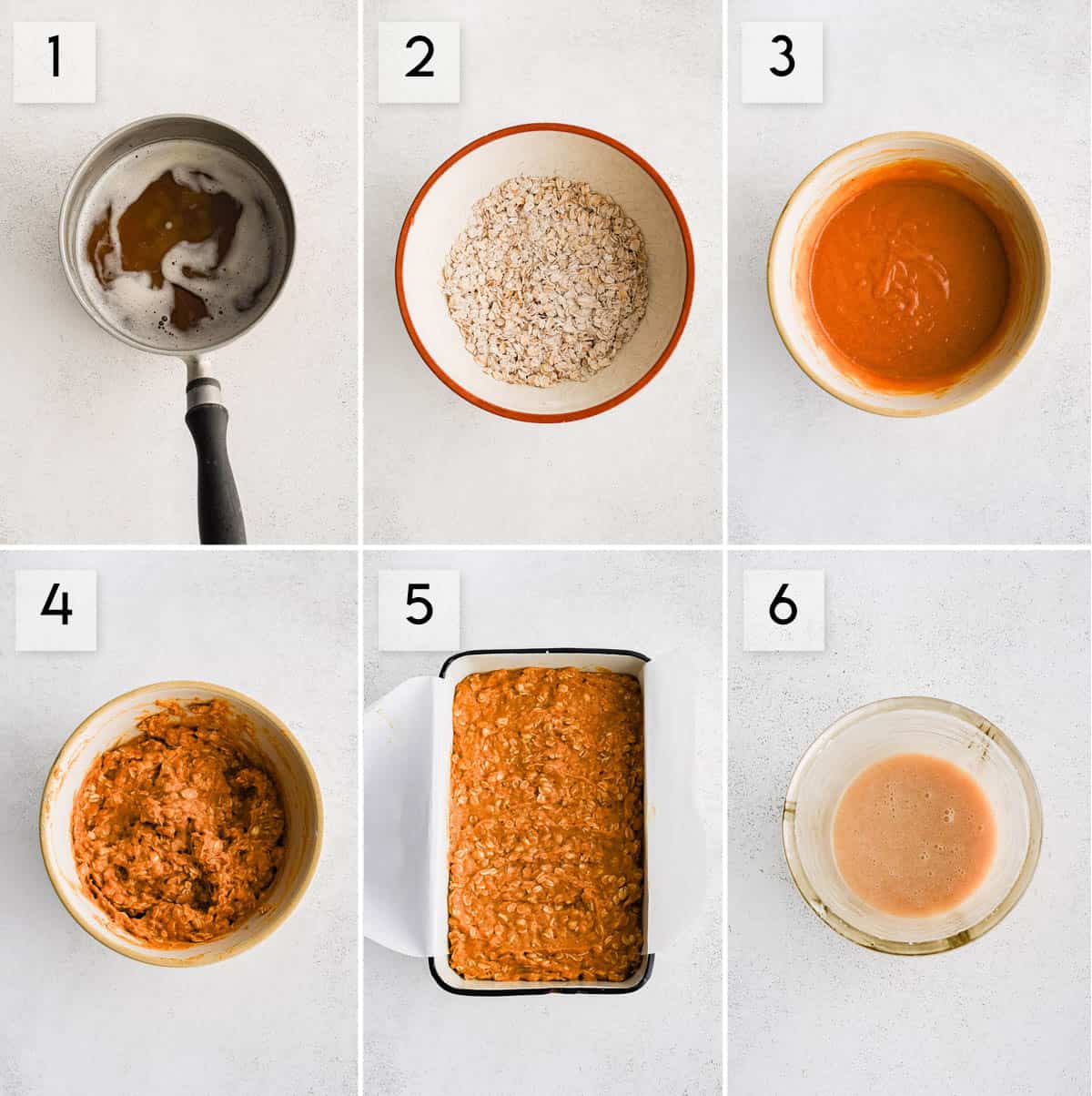 six panel collage image showing how to make brown butter pumpkin oatmeal bars