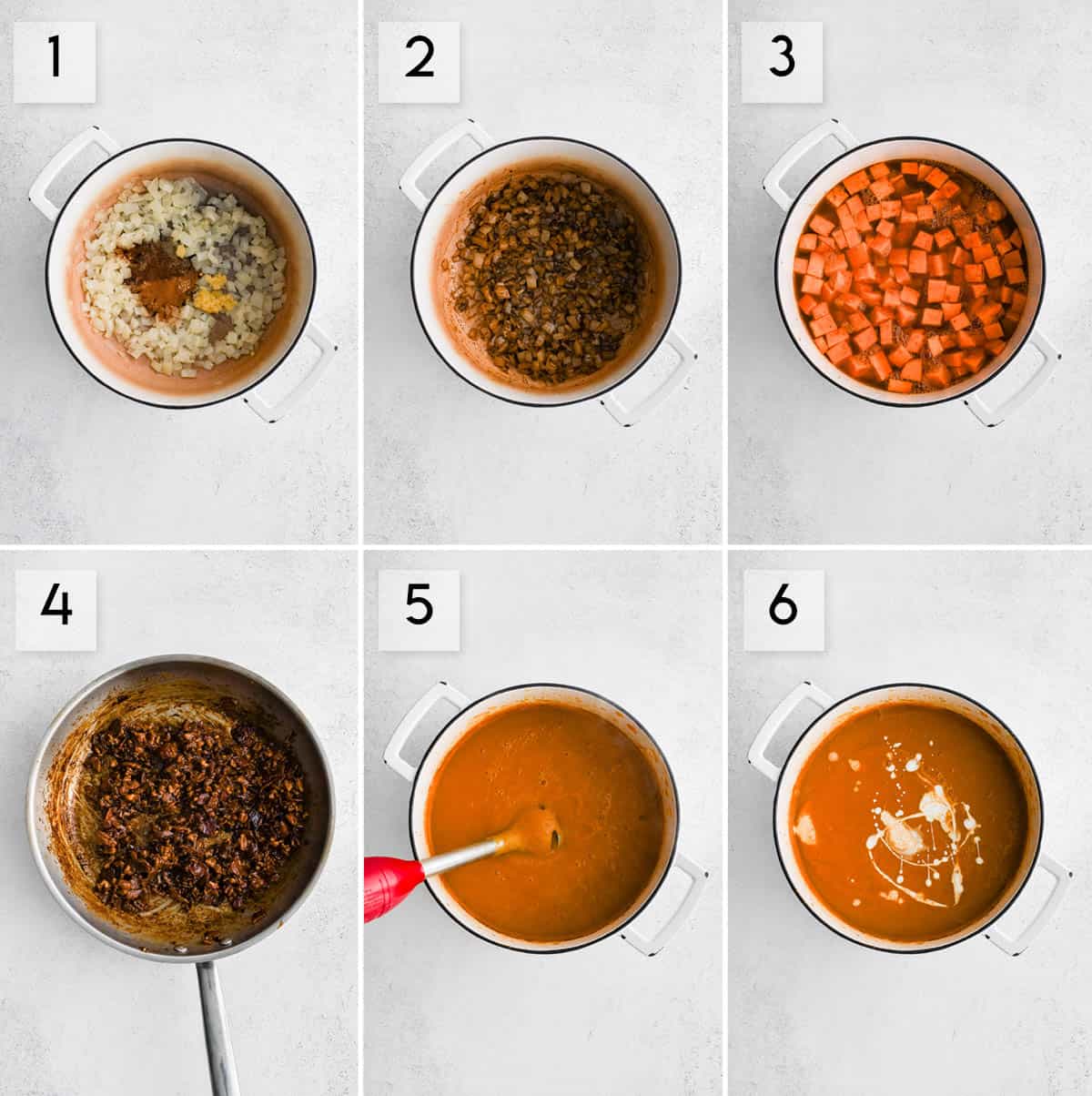 six panel collage image showing how to make sweet potato soup