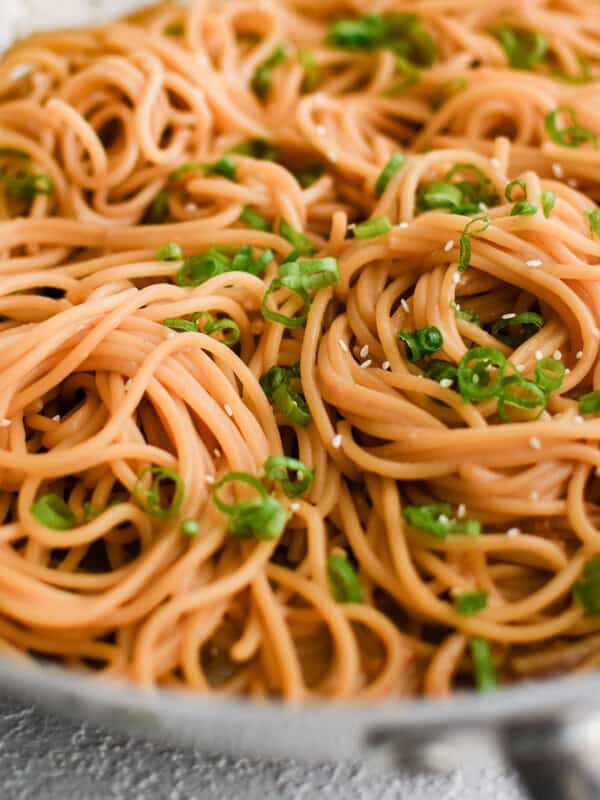 image of teriyaki noodles in a skillet