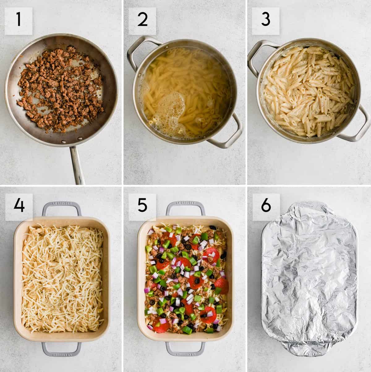 six panel collage image showing how to make white pizza pasta bake