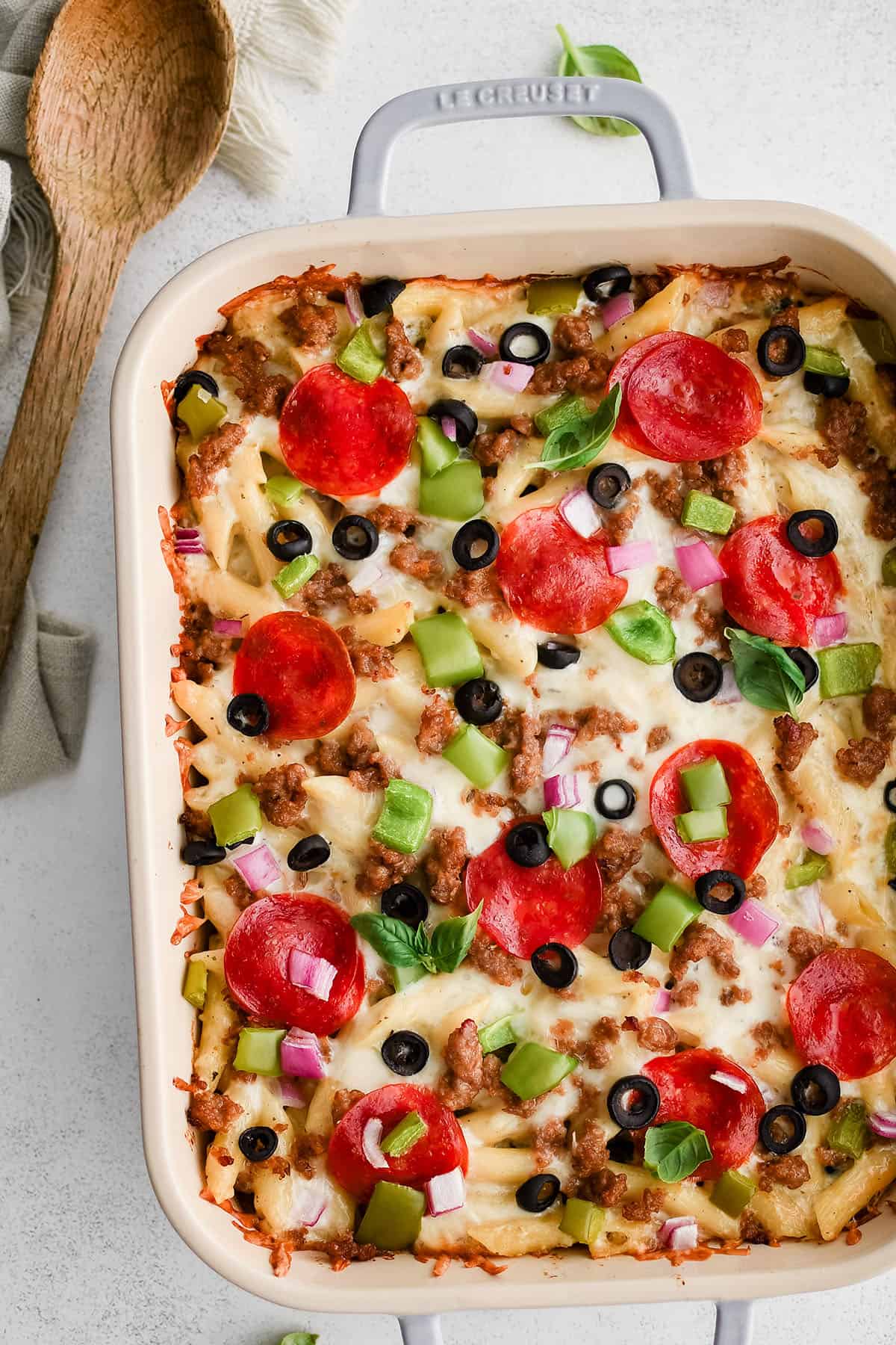 white pizza pasta bake in a large baking dish