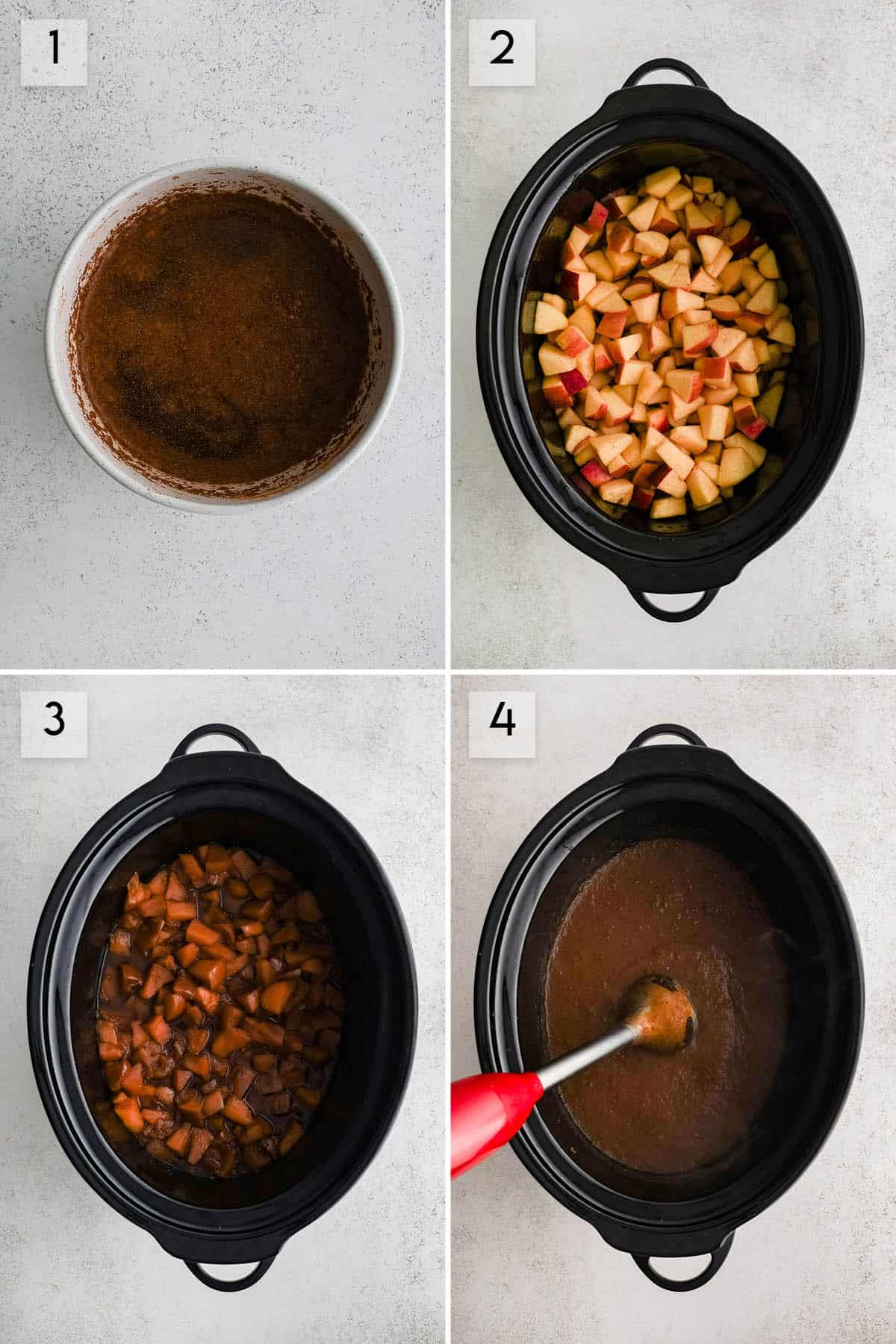 four panel collage image showing how to make homemade apple butter