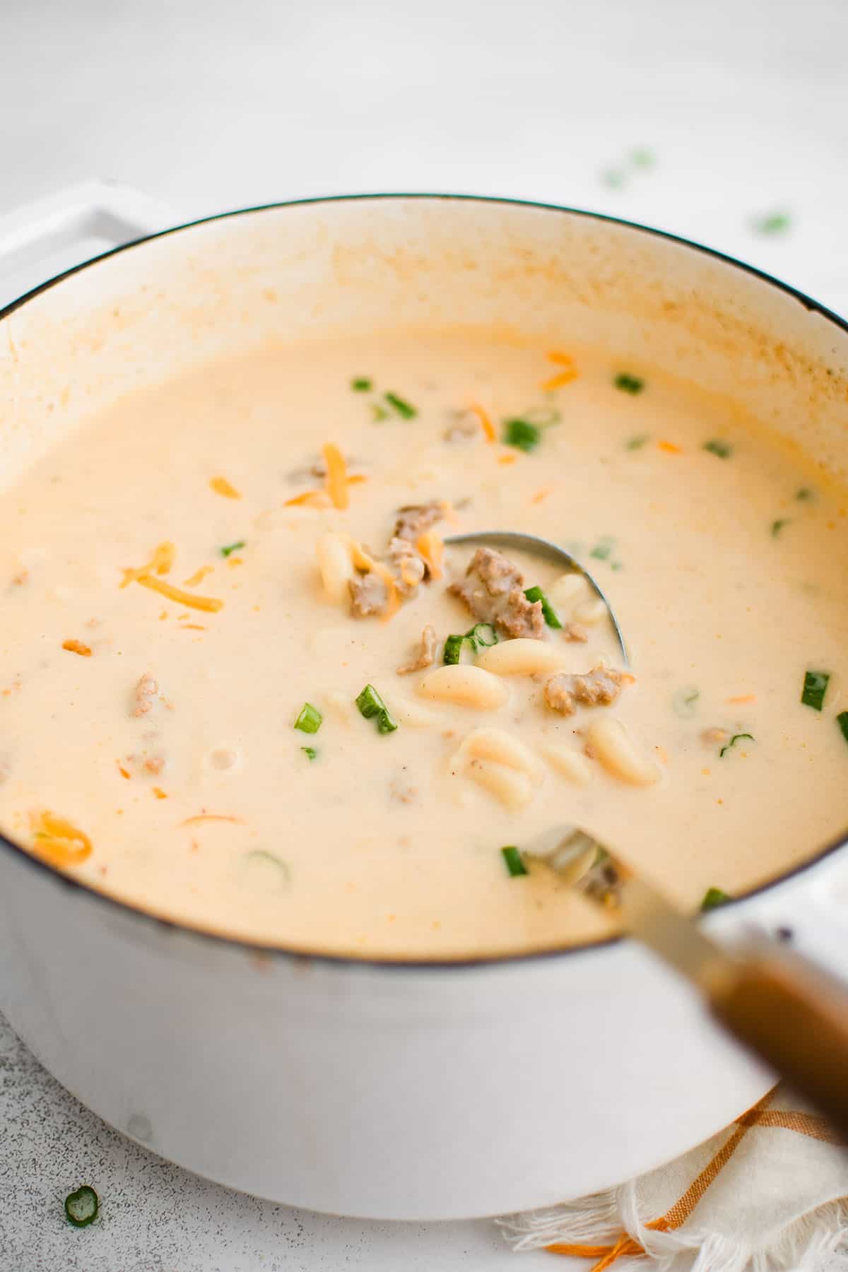 cheesy hamburger soup in a pot