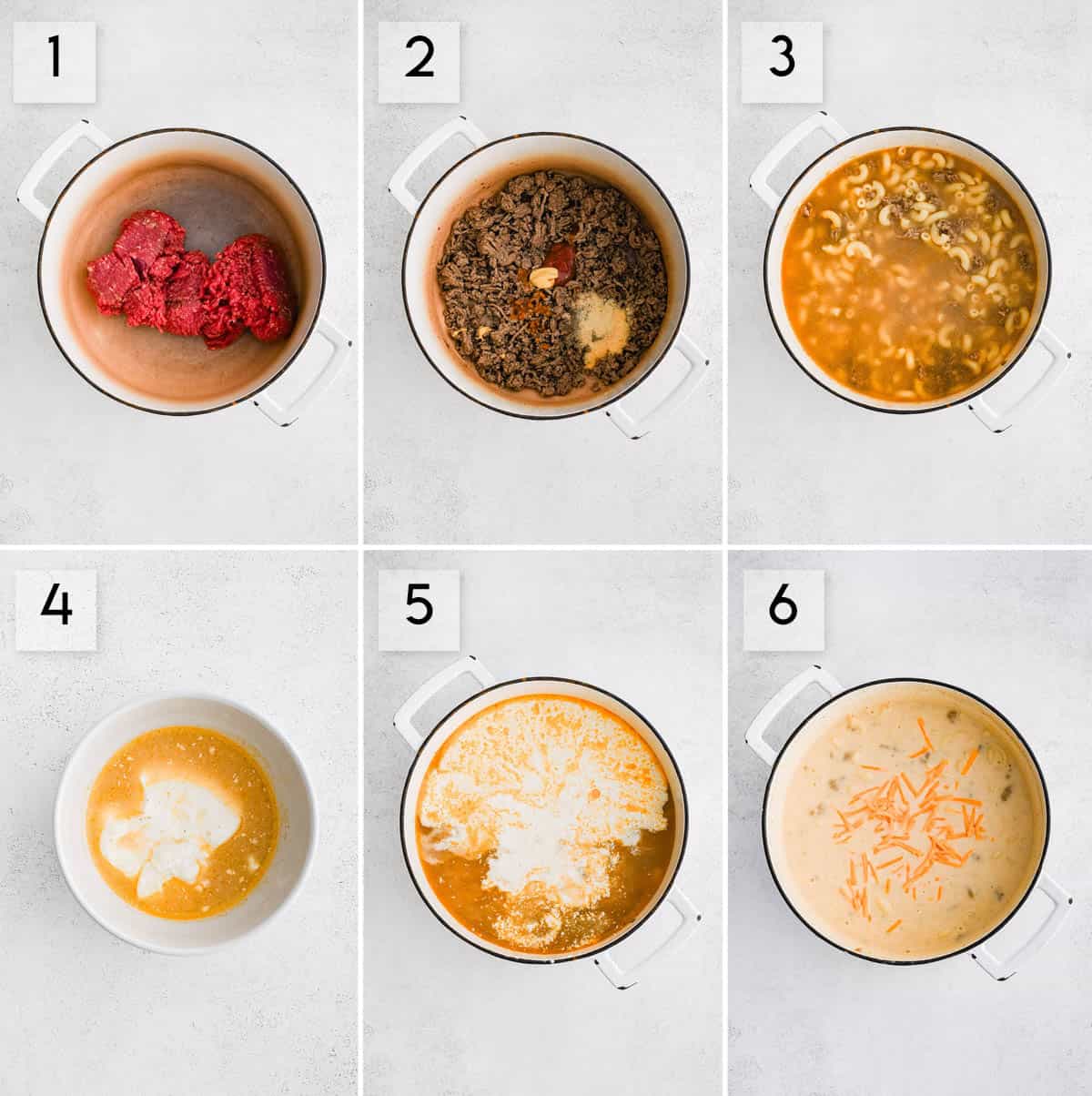 six panel collage image showing how to make cheesy hamburger soup