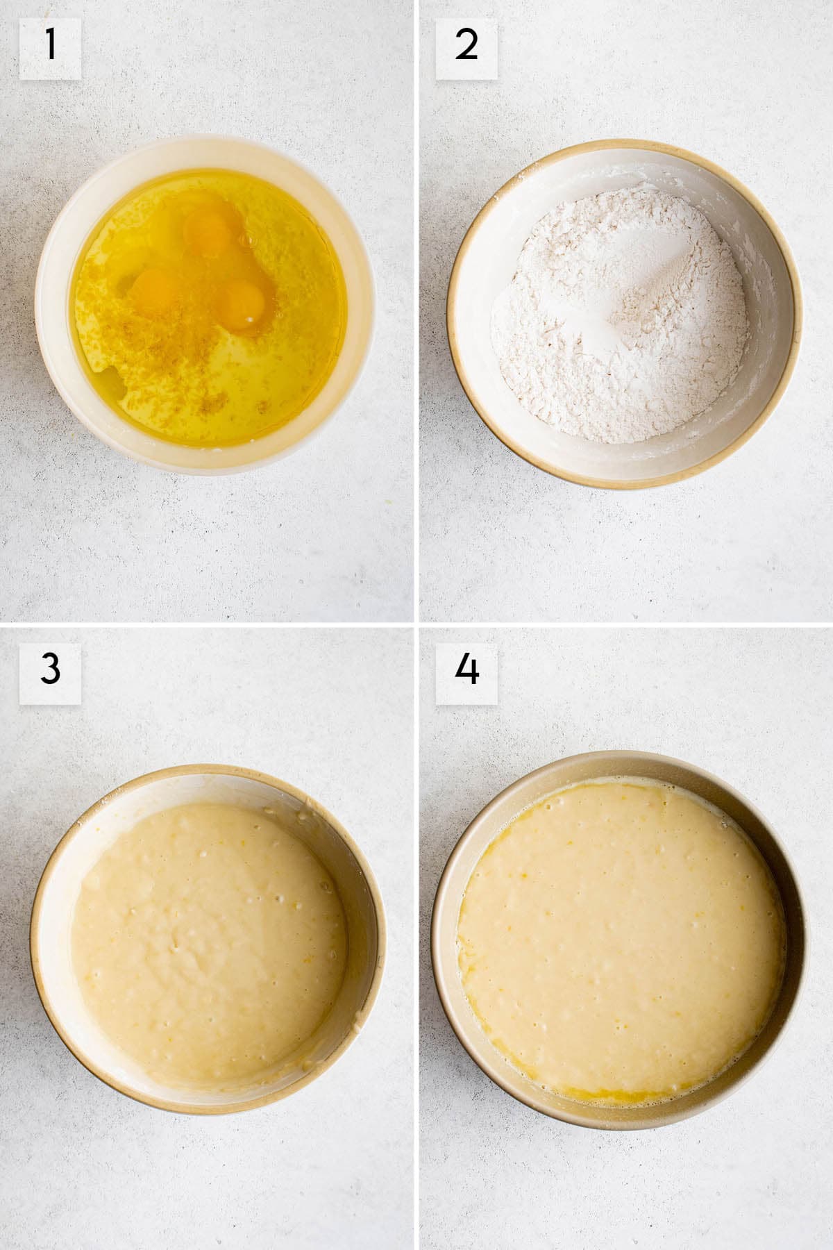 four panel collage image showing how to make olive oil cake