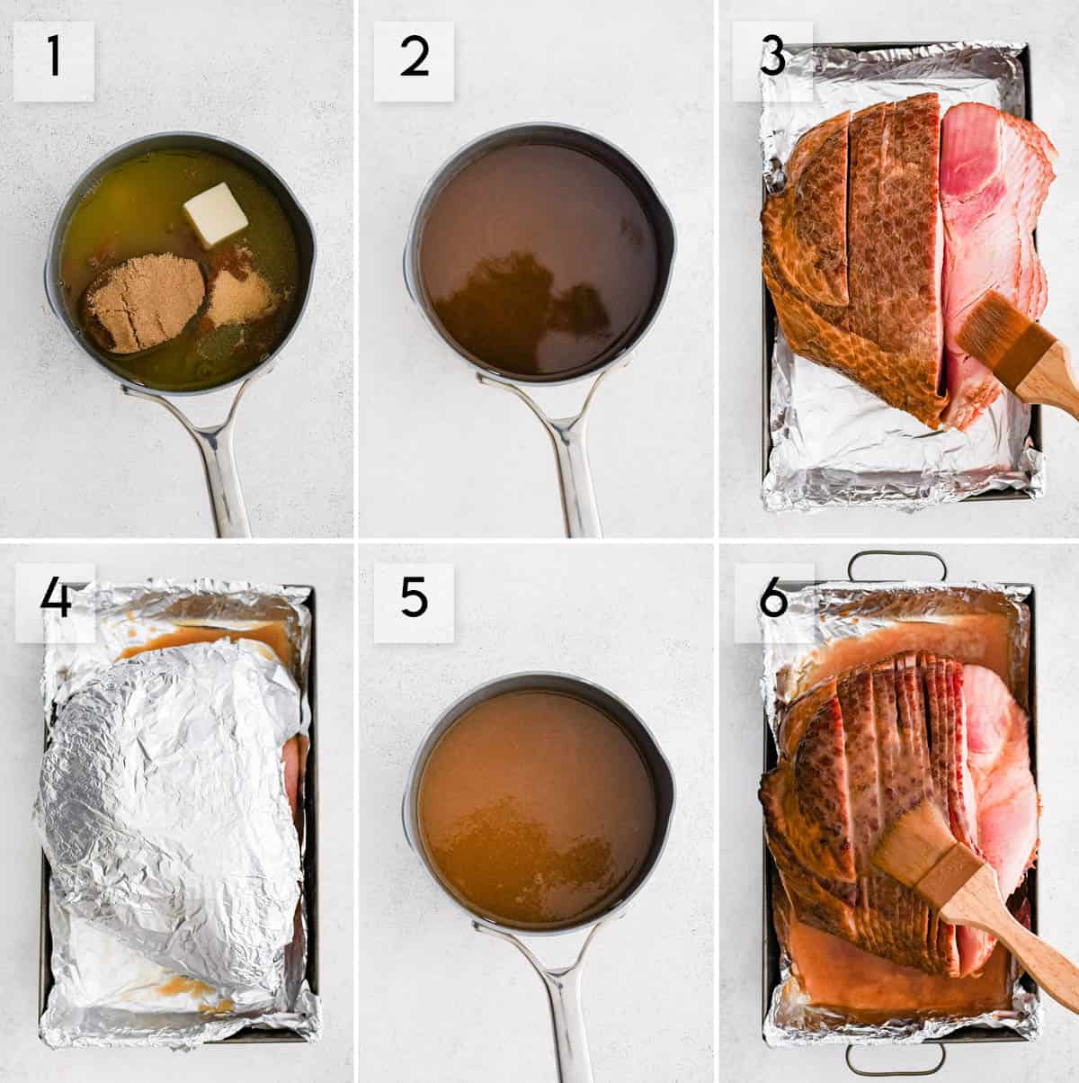 six panel collage image showing how to make baked spiral ham