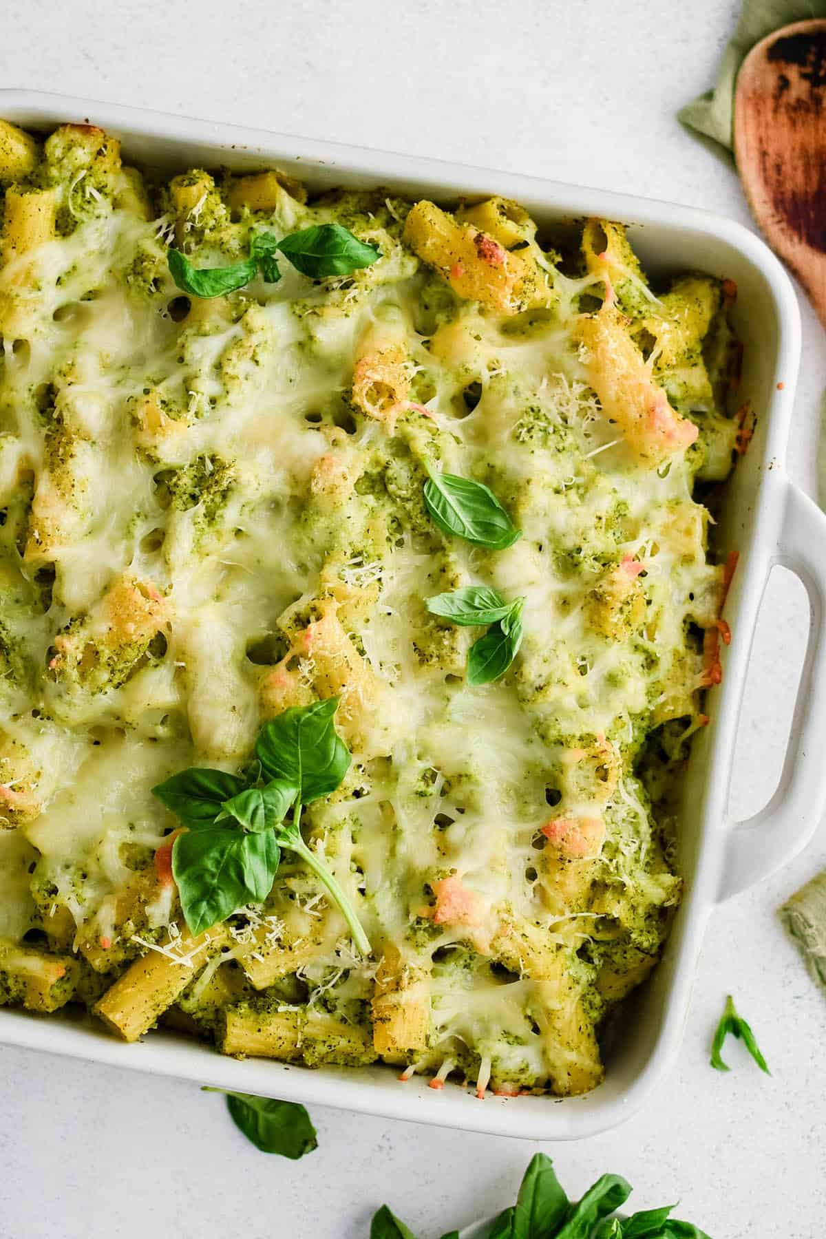 winter broccoli pesto baked pasta in a baking dish