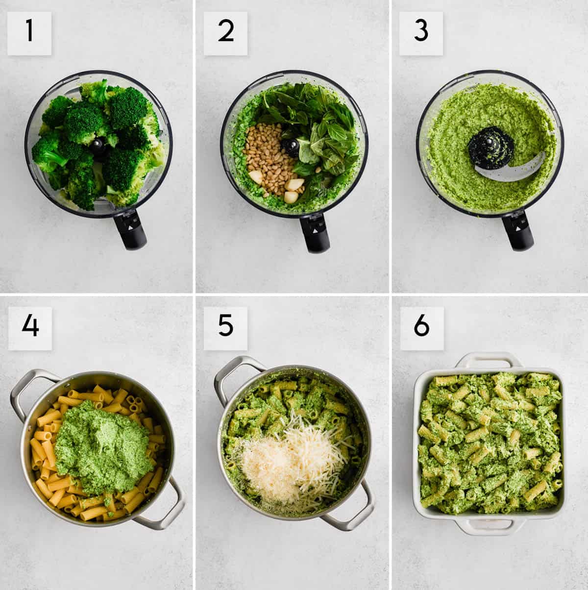 six panel collage image showing how to make winter broccoli pesto baked pasta