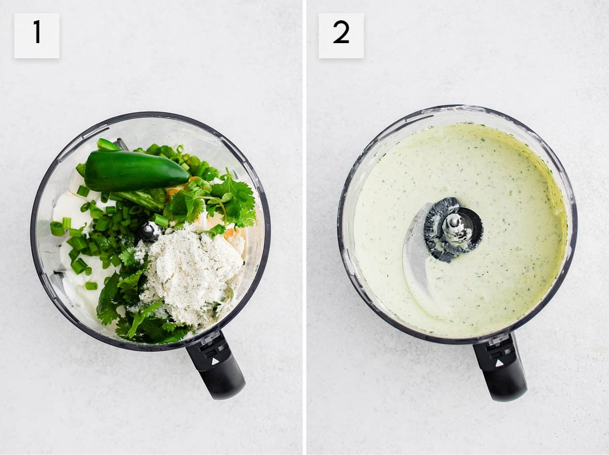 two panel collage image showing how to make creamy jalapeno dip