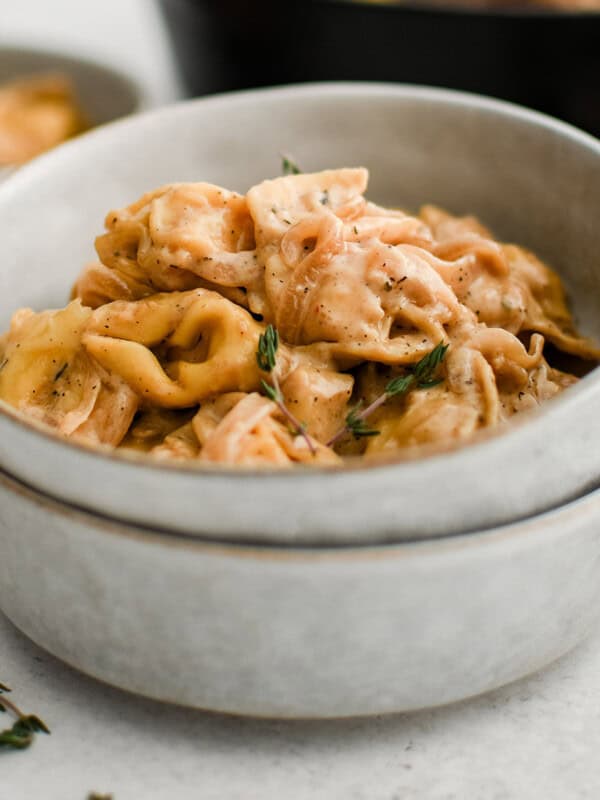 French onion tortellini in a bowl