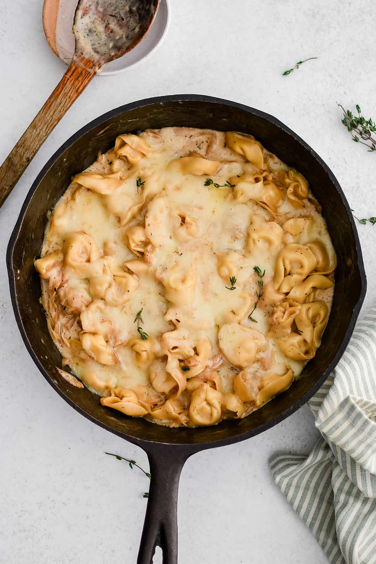 french onion tortellini in a skillet