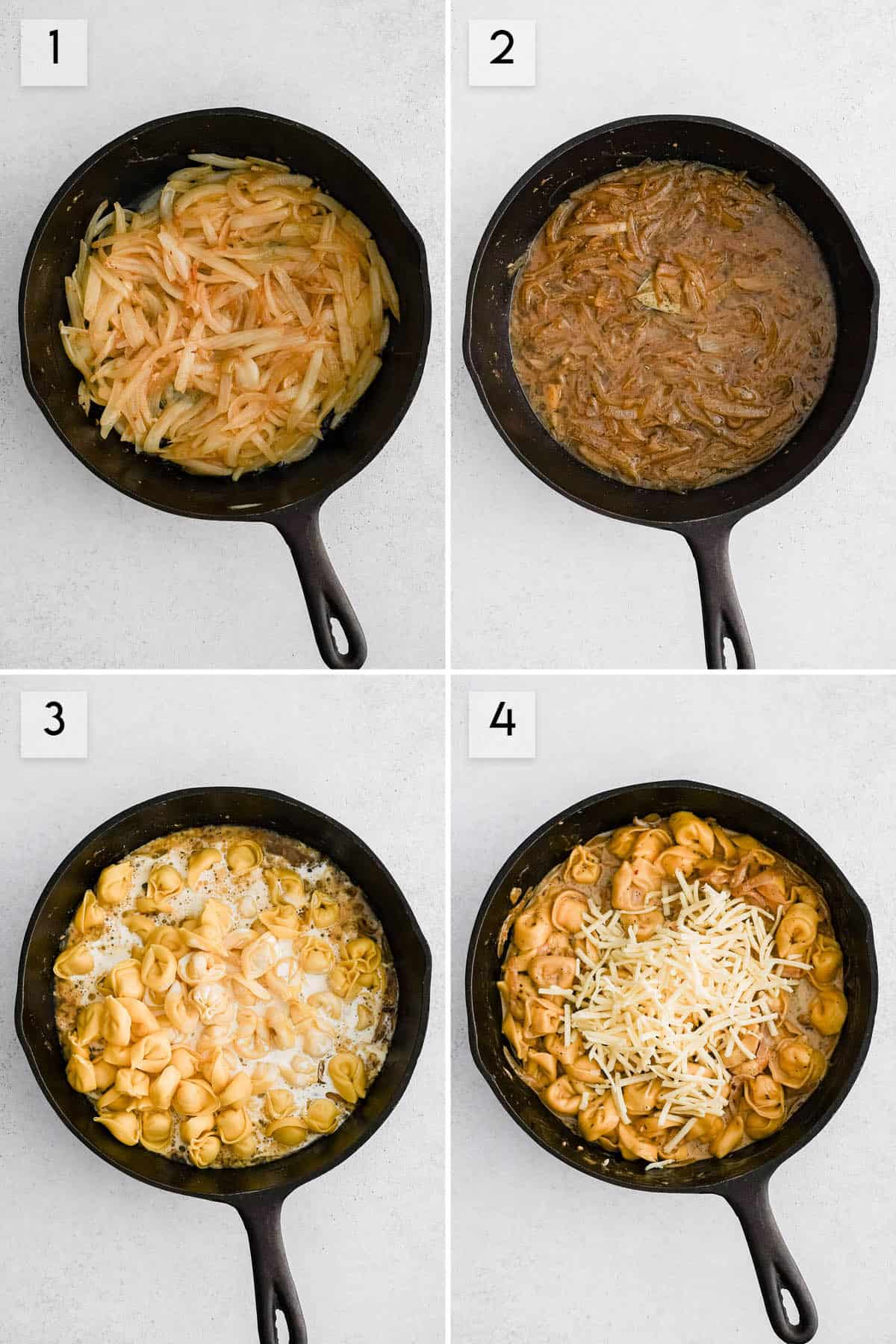 photo collage showing how to make tortellini recipe with french onions