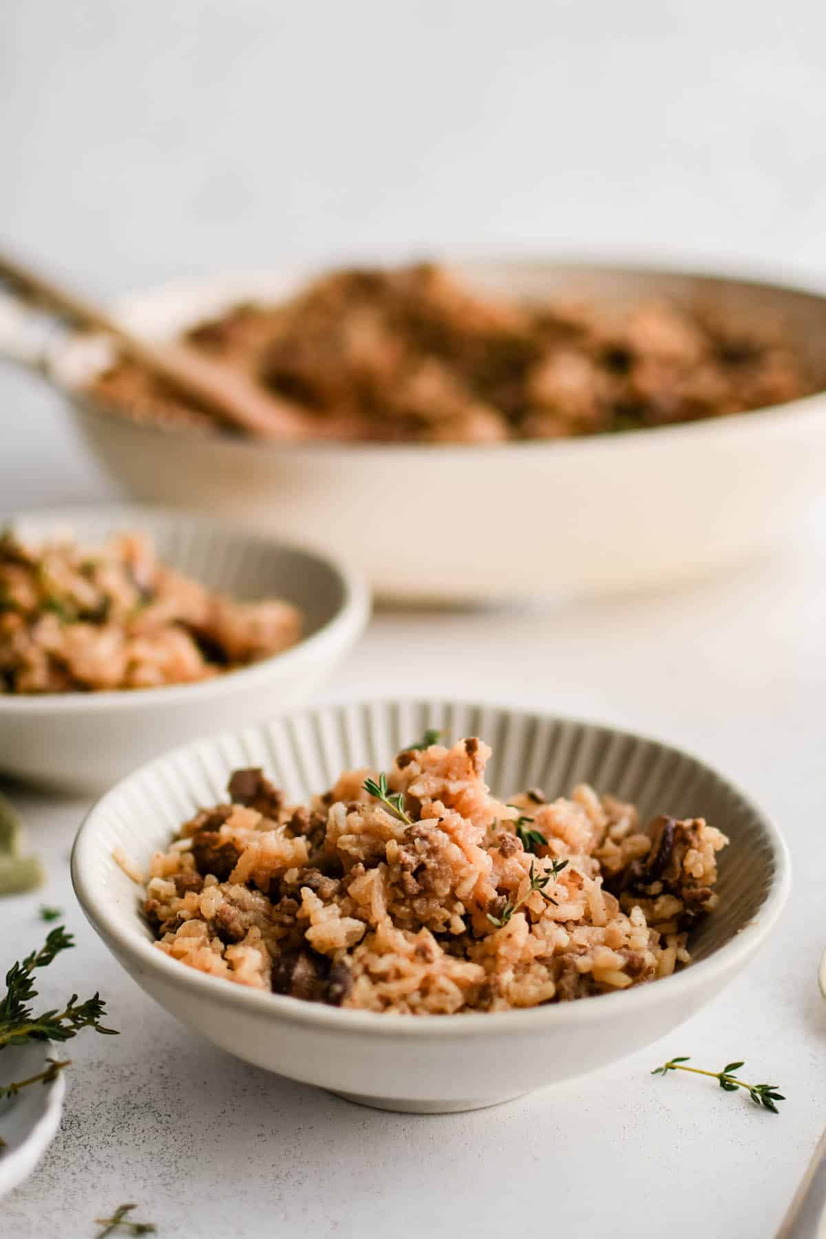 beef and mushroom rice skillet in a bowl