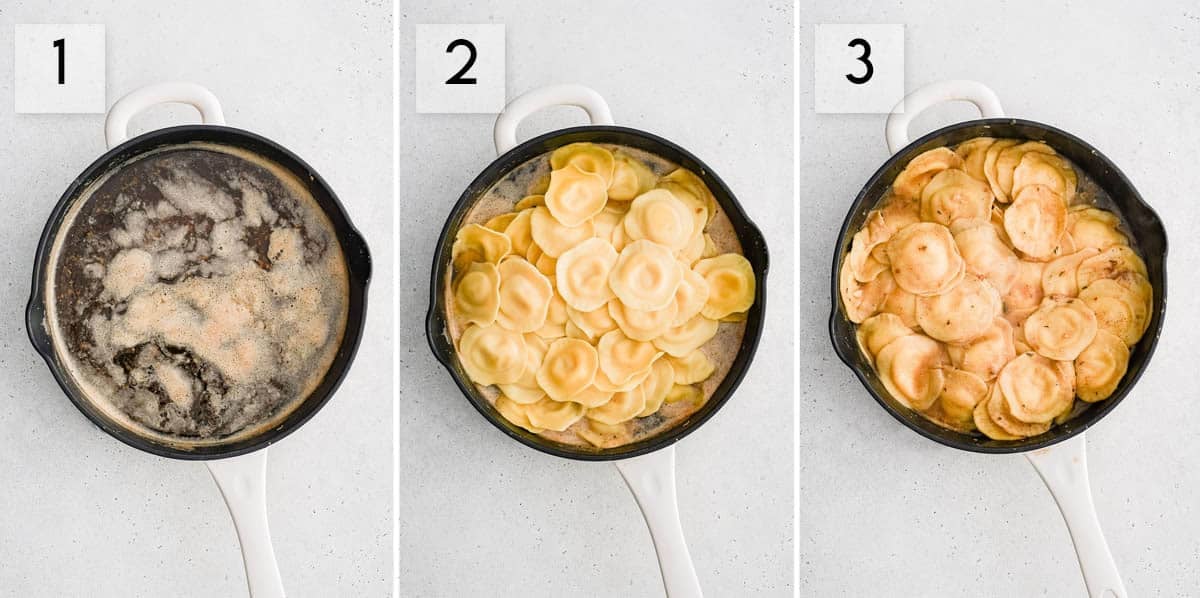 three panel collage image showing how to make brown butter garlic ravioli