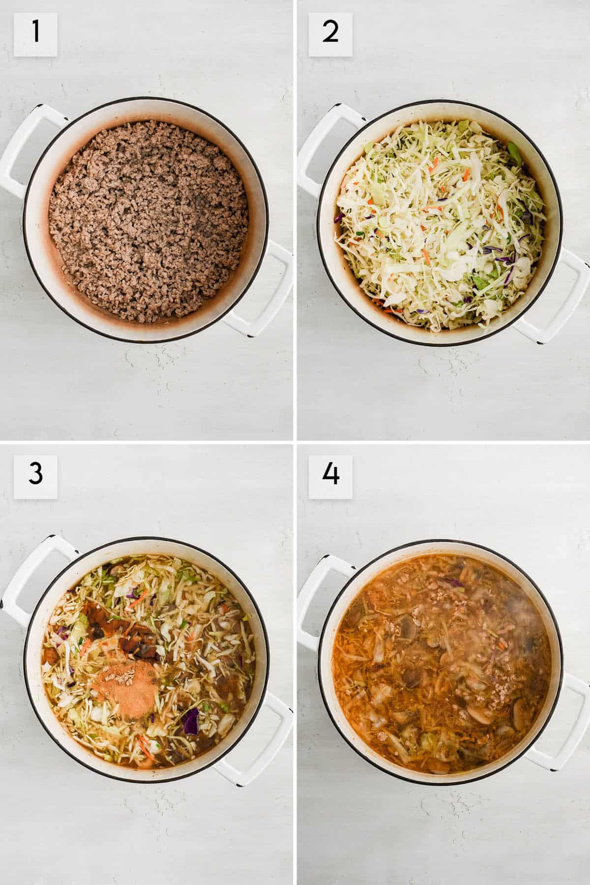 four panel collage image showing how to make egg roll soup