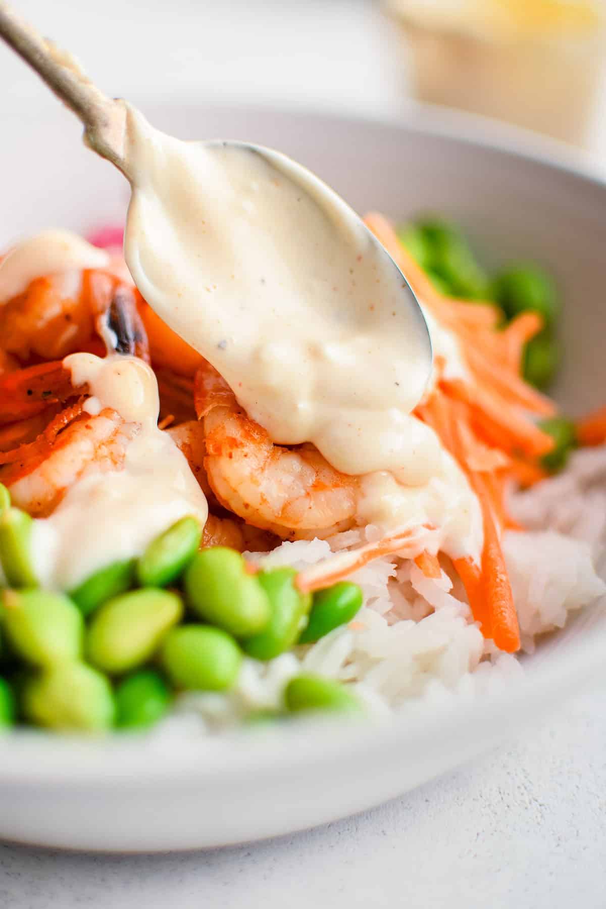 shrimp and rice bowls with spicy mayo and veggies