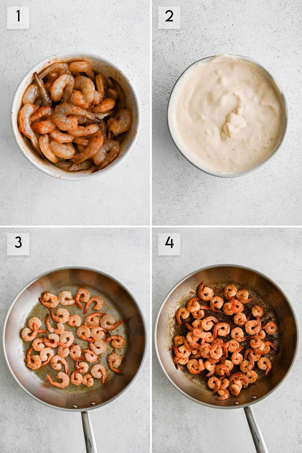 four panel collage image showing how to make shrimp rice bowls