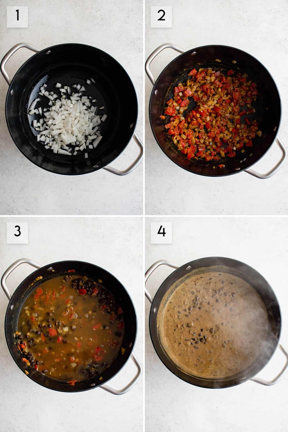 four panel collage image showing how to make black bean curry