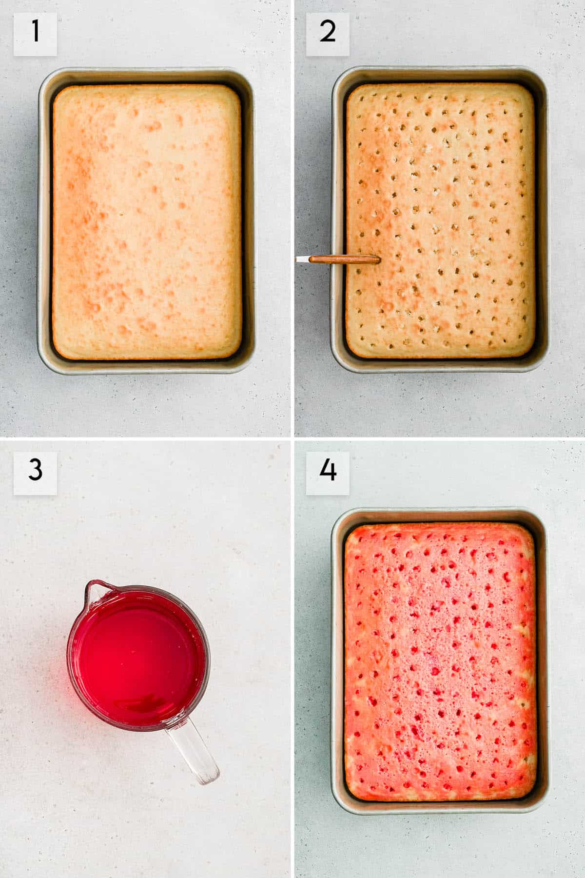 four panel collage image showing the steps to making a jello poke cake