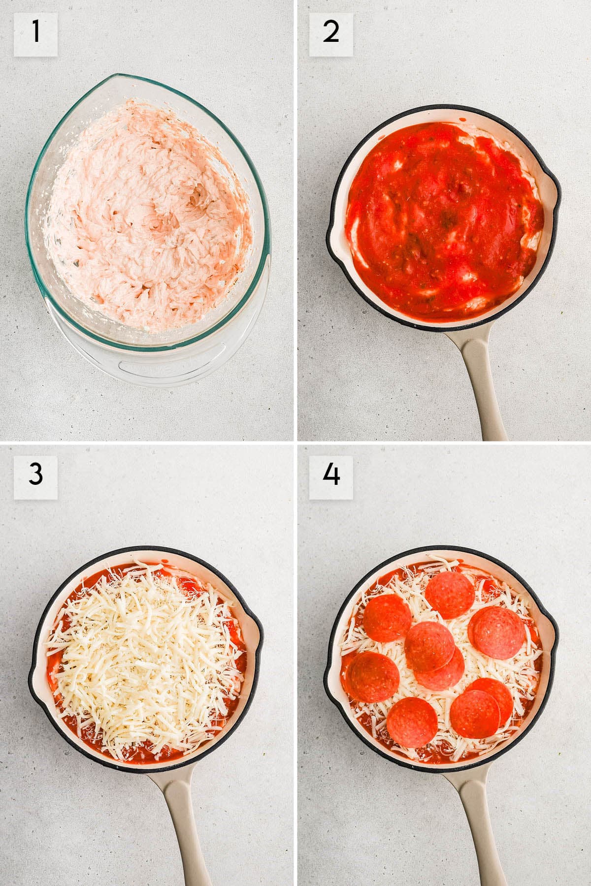 four panel collage image showing how to make pizza dip