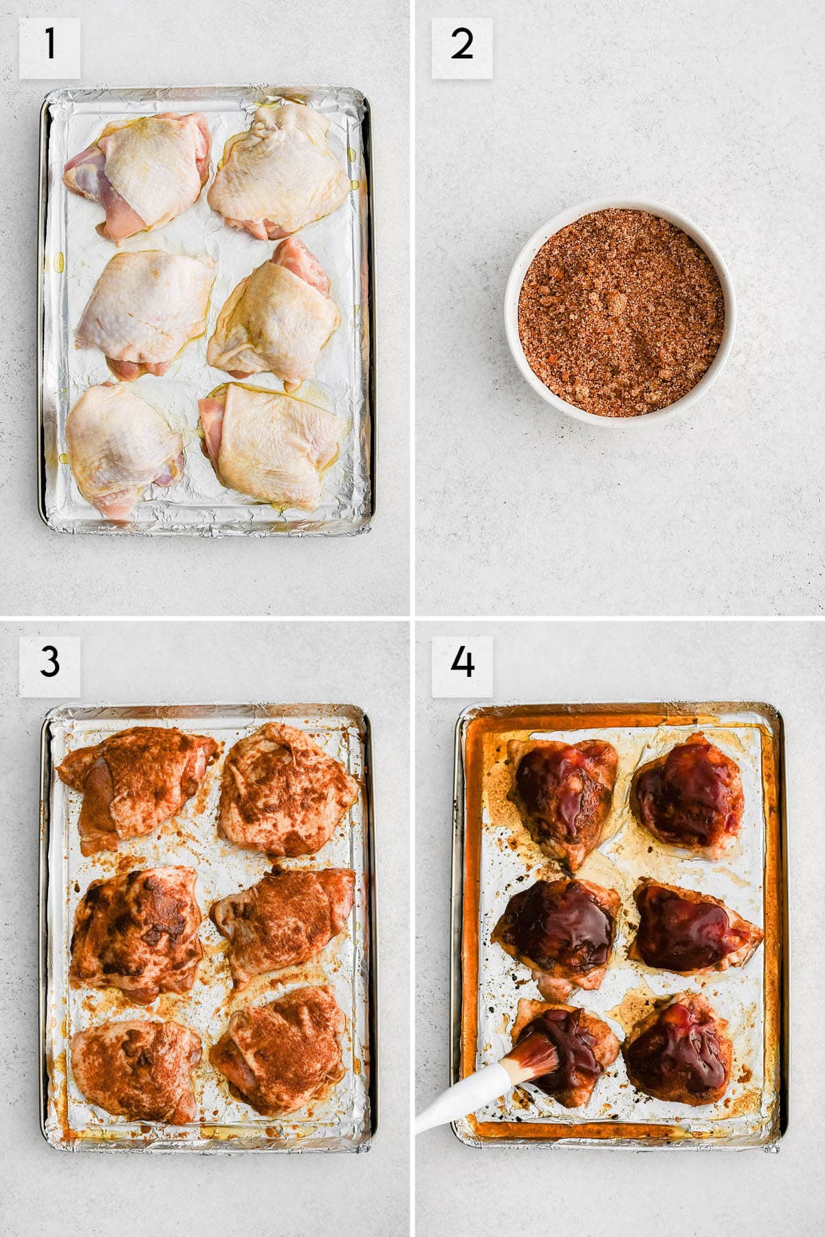 four panel collage image showing how to make bbq baked chicken