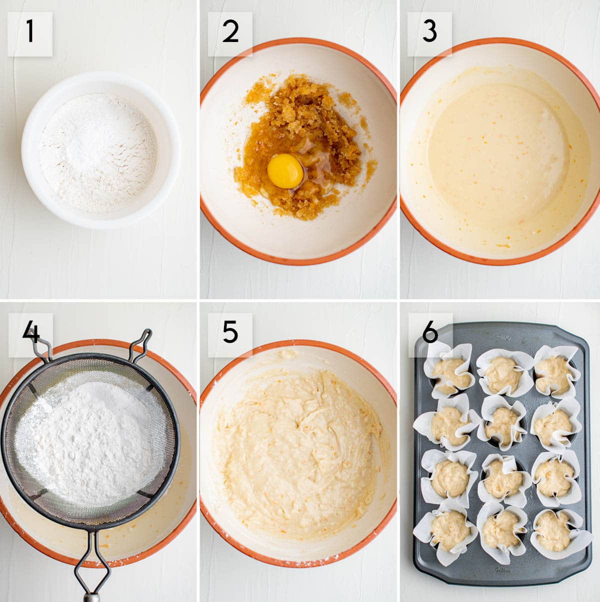 six panel collage image showing how to make orange muffins