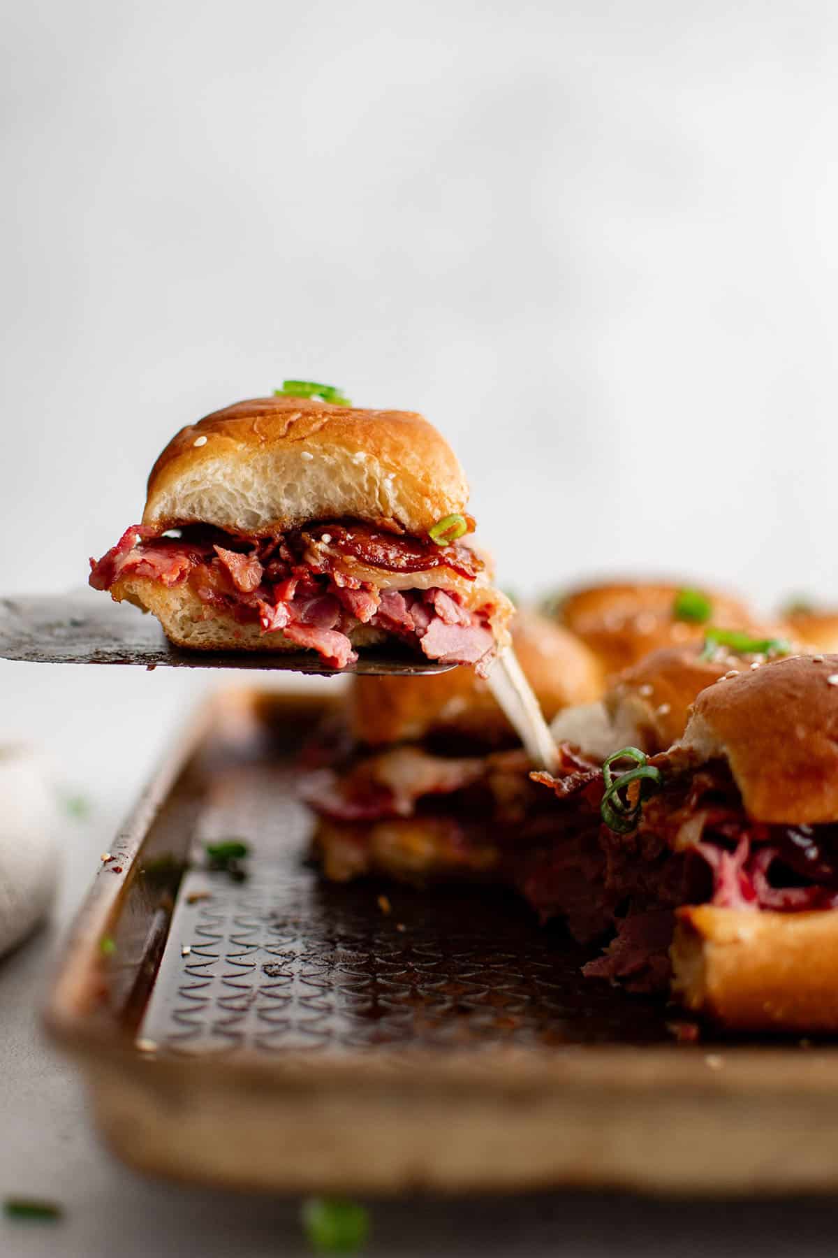 photo of roast beef slider on a spatula
